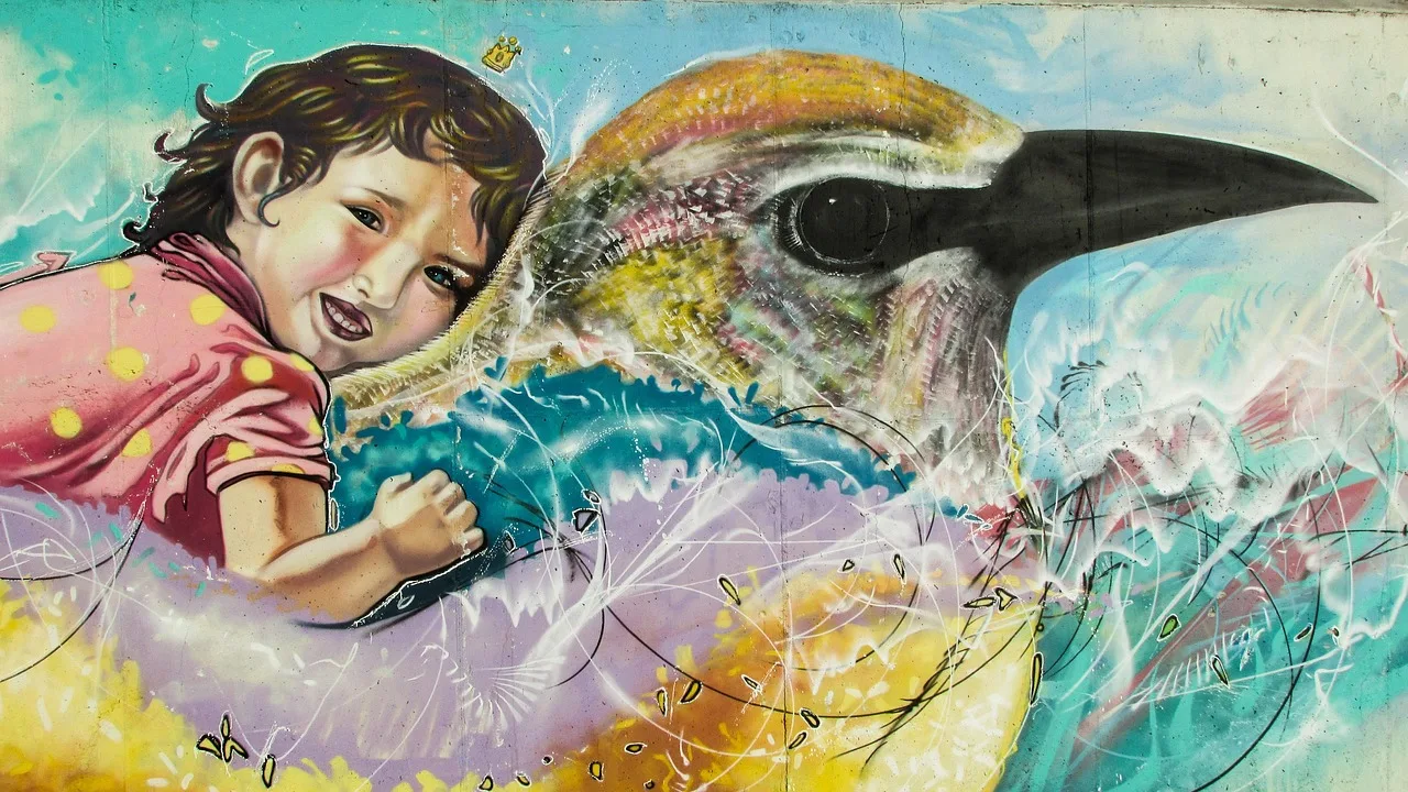Renkli graffiti duvarı - doğa ve çocuk