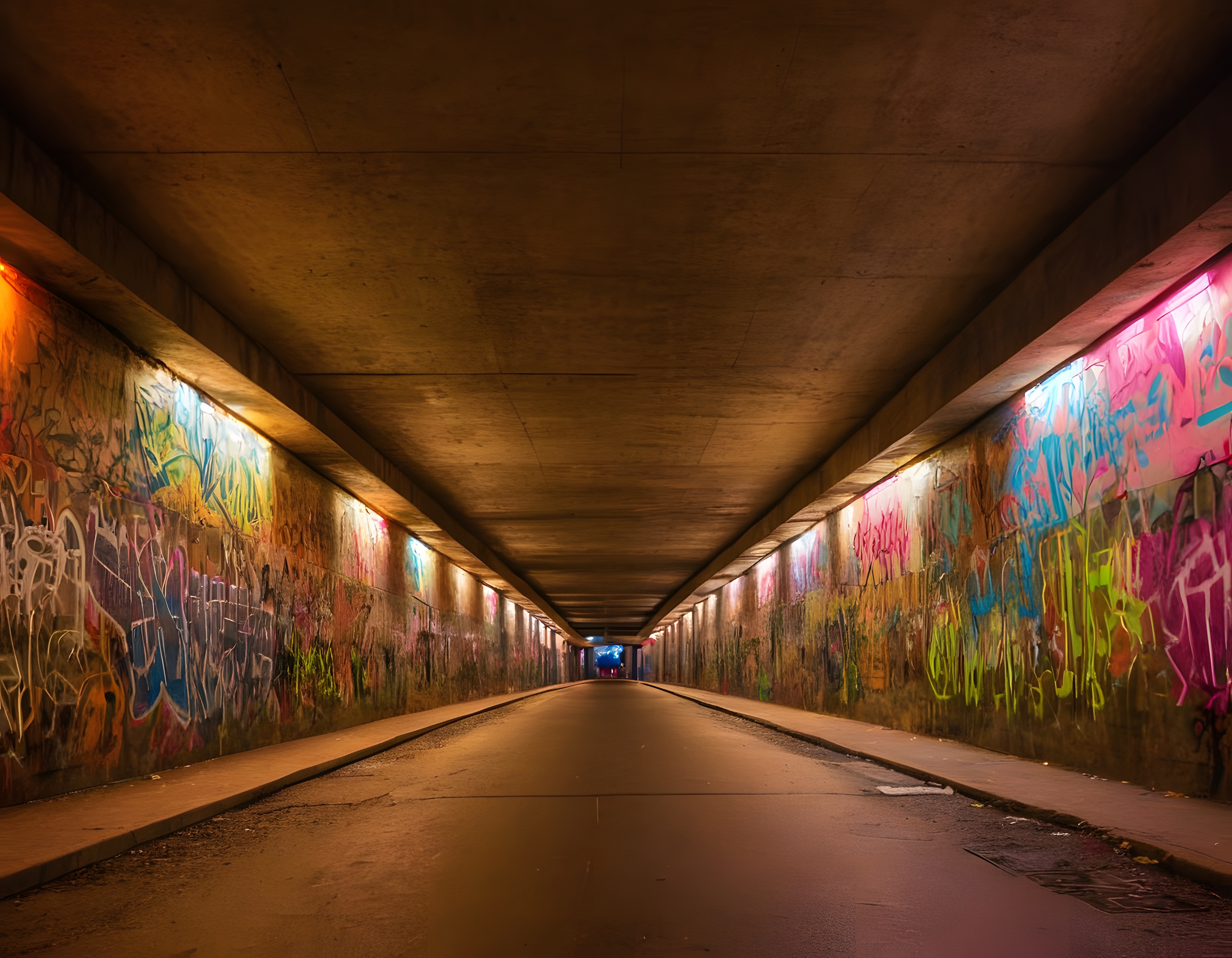Renkli Grafitilerle Süslenmiş Beton Altgeçidin Gece Atmosferi