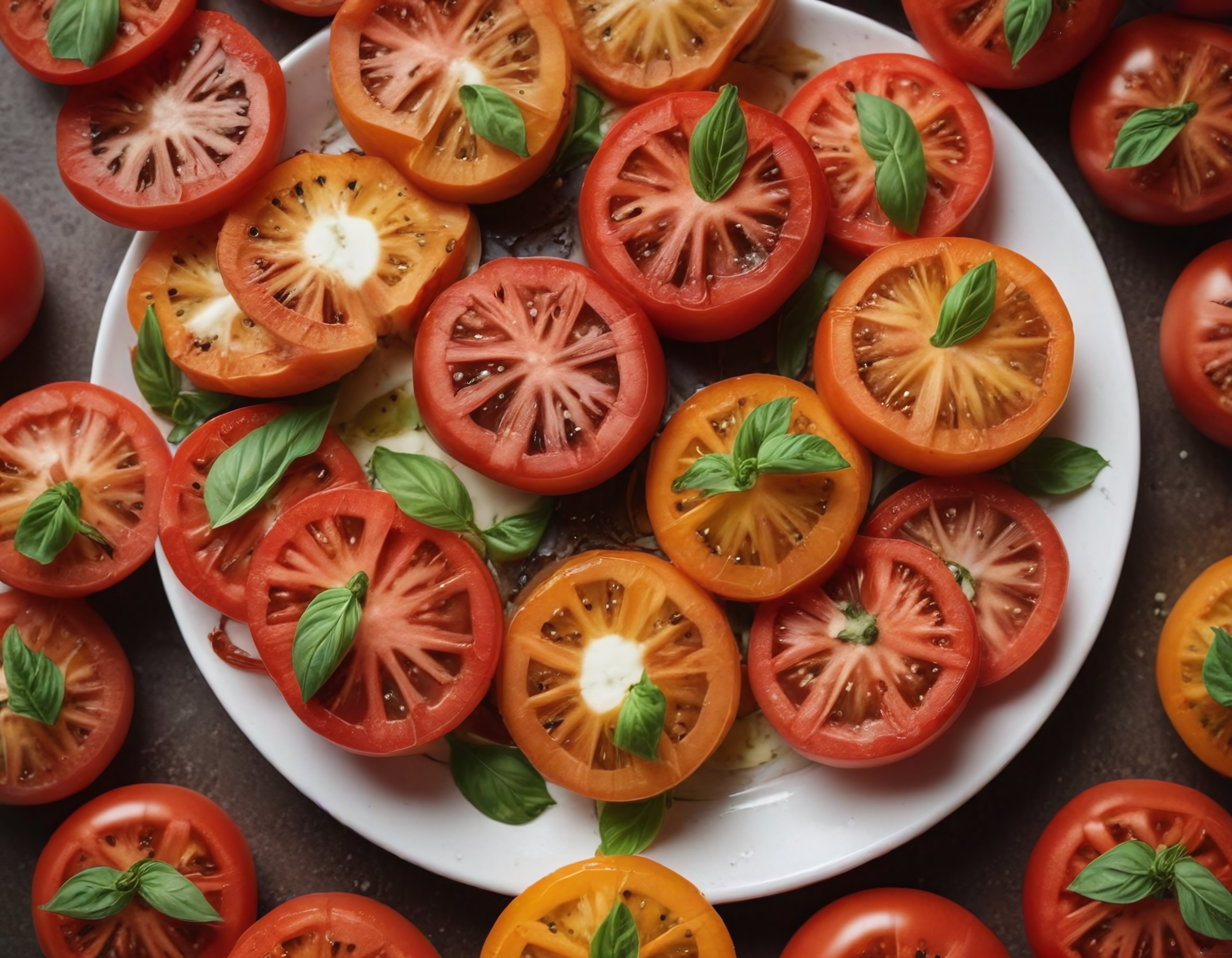 Renkli Heirloom Domates ve Fesleğen ile Caprese Sunumu ve Taze Mevsim Salatası