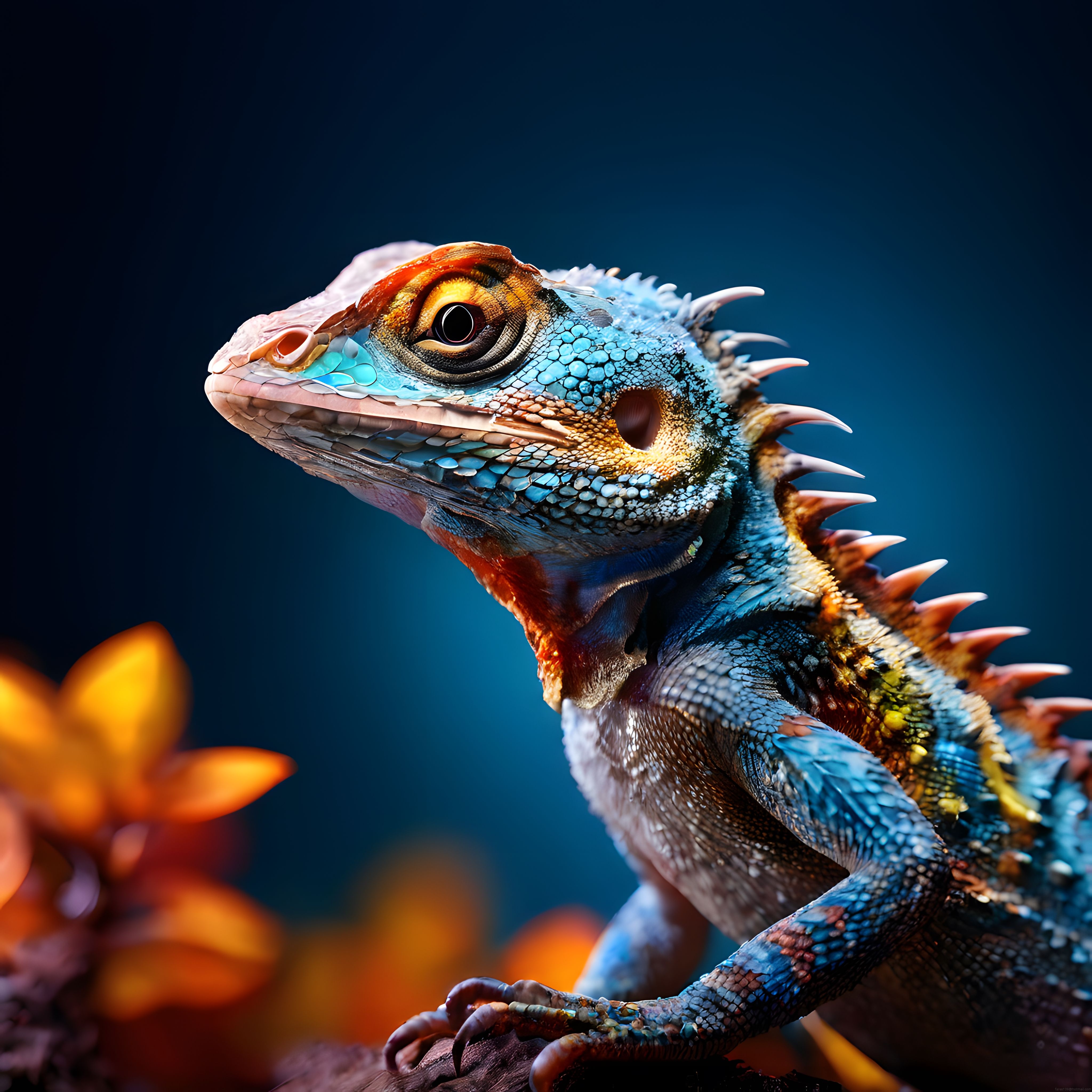 Renkli İguana Portresi: Mavi ve Turuncu Tonlarda Egzotik Sürüngen Yakın Çekim