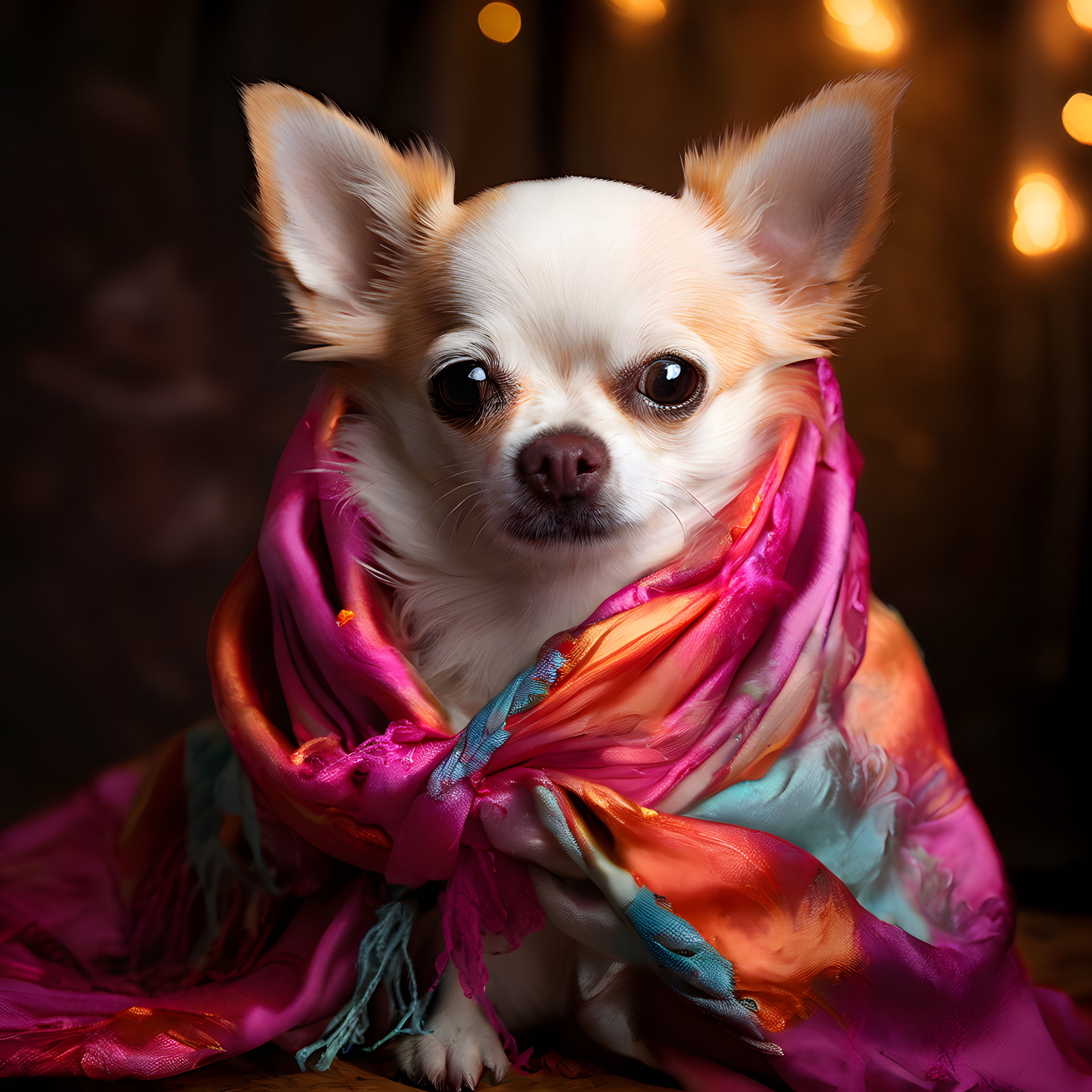 Renkli İpek Şala Sarınmış Sevimli Beyaz Chihuahua Köpeği Yakın Çekim Portre