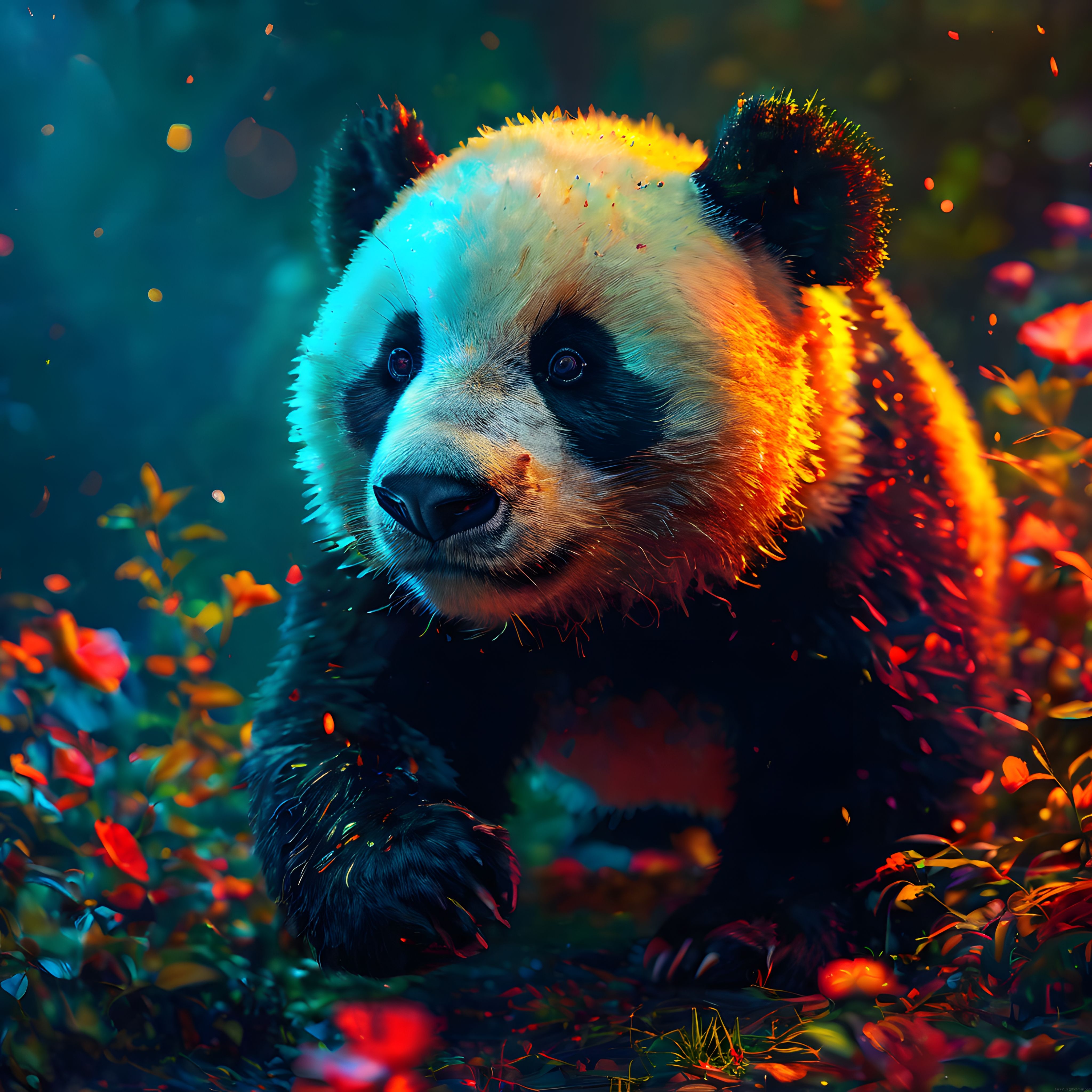 renkli ışıklarla aydınlanan dijital sanat panda portresi ve orman atmosferi