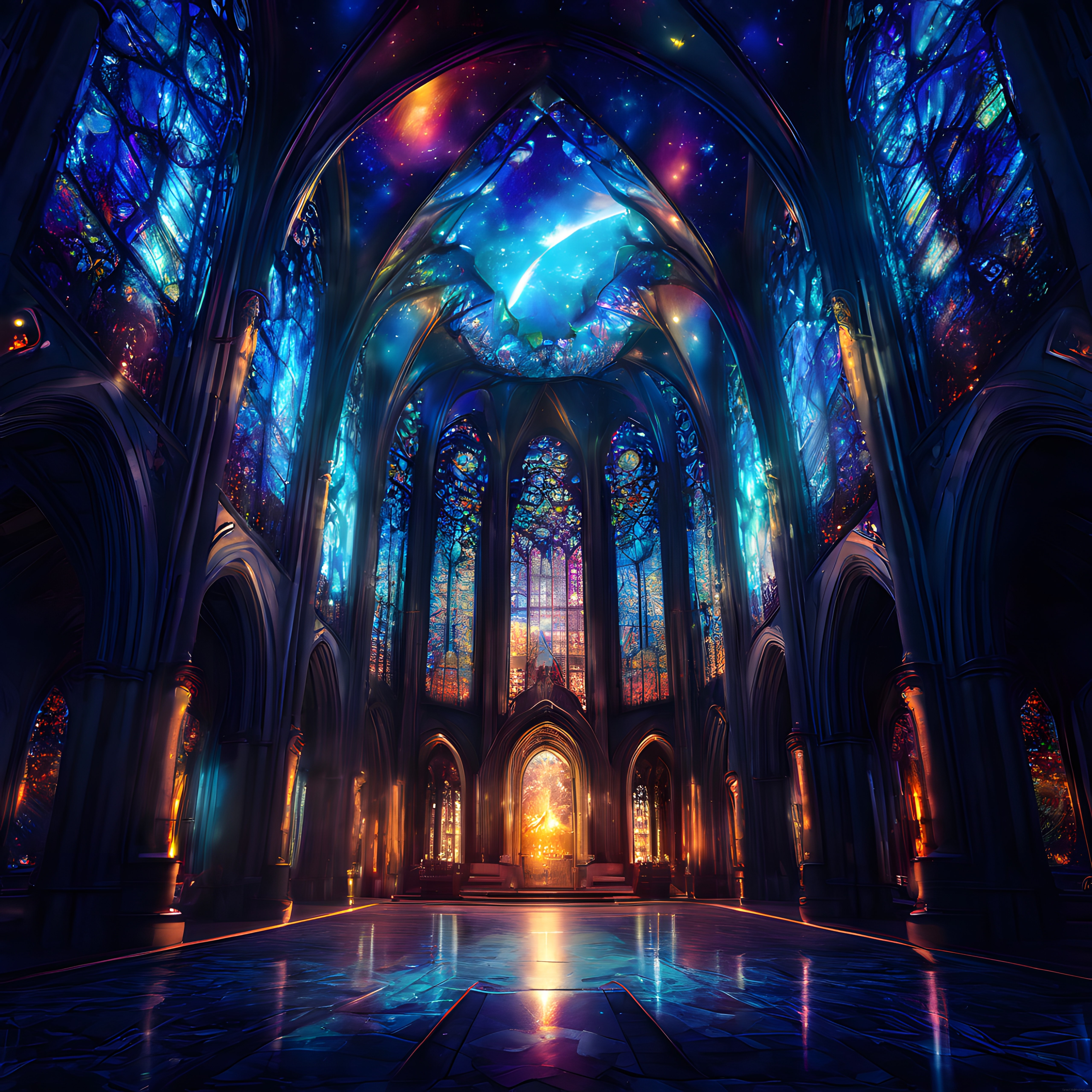 Renkli Işıklarla Aydınlanan Gizemli Fantastik Katedral İç Mekan Sanatı