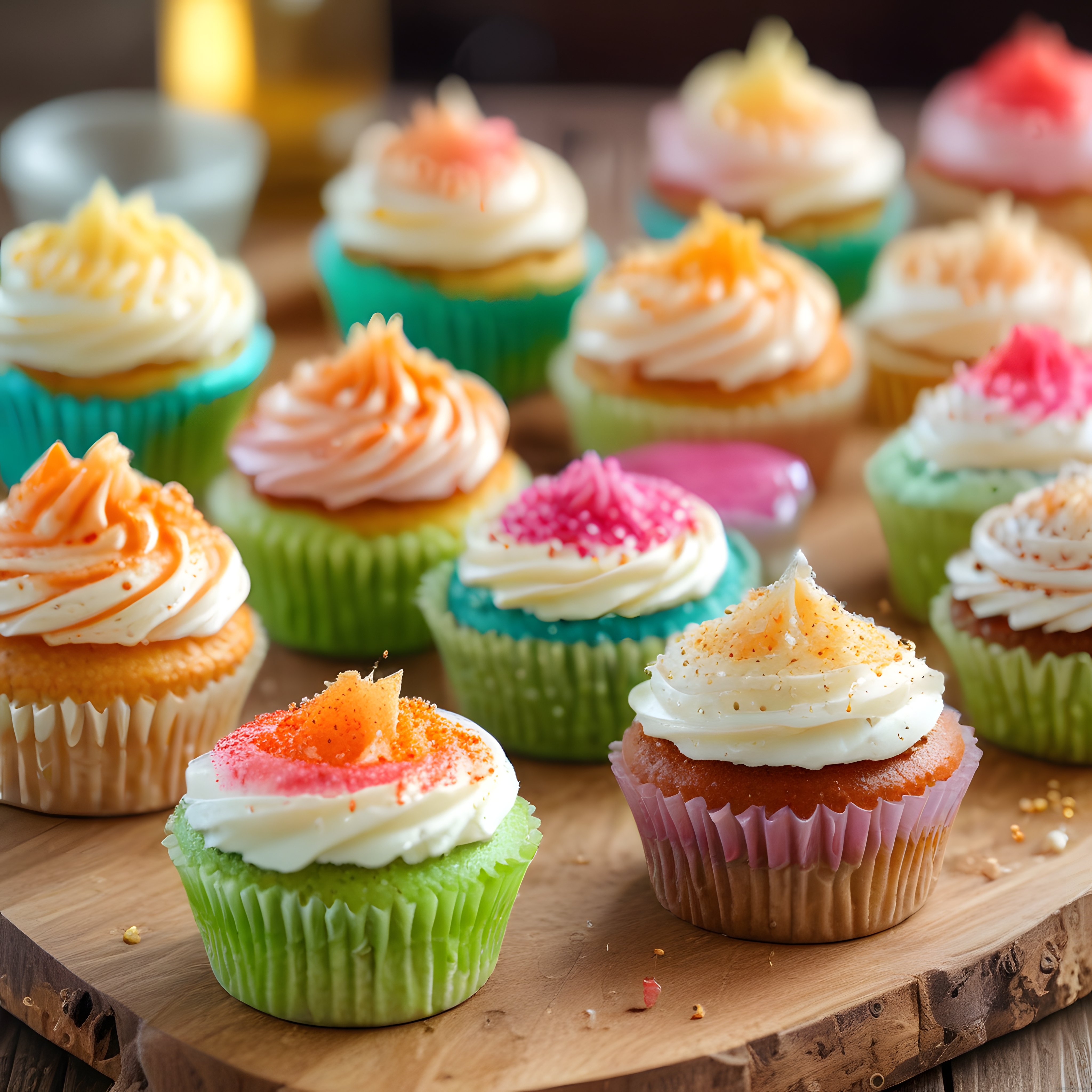 Renkli kağıt kalıplarda kremalı cupcake'ler ahşap servis tahtasında
