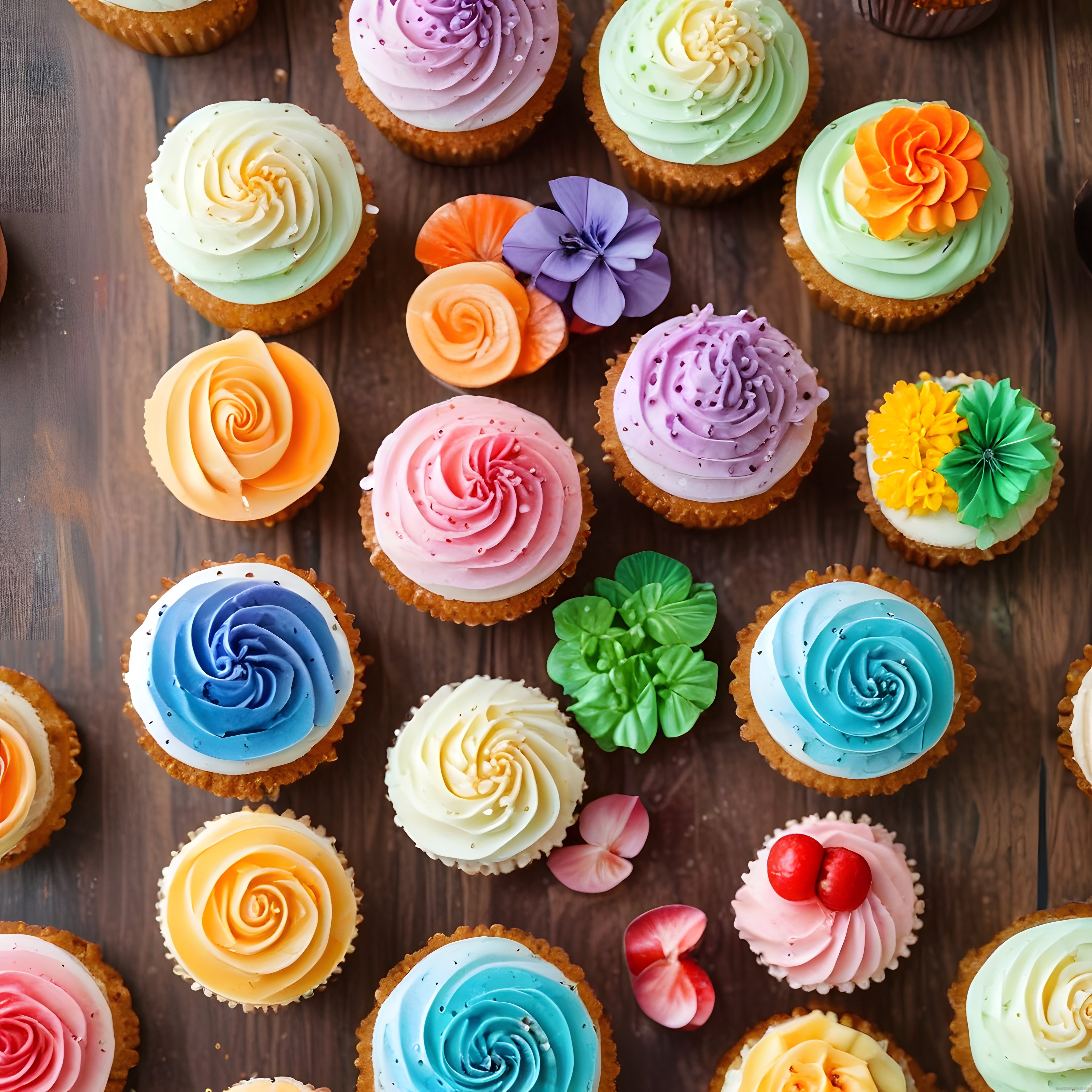 Renkli Kapkek Koleksiyonu: Ahşap Zeminde Çiçek Desenli Muffin ve Pastalar