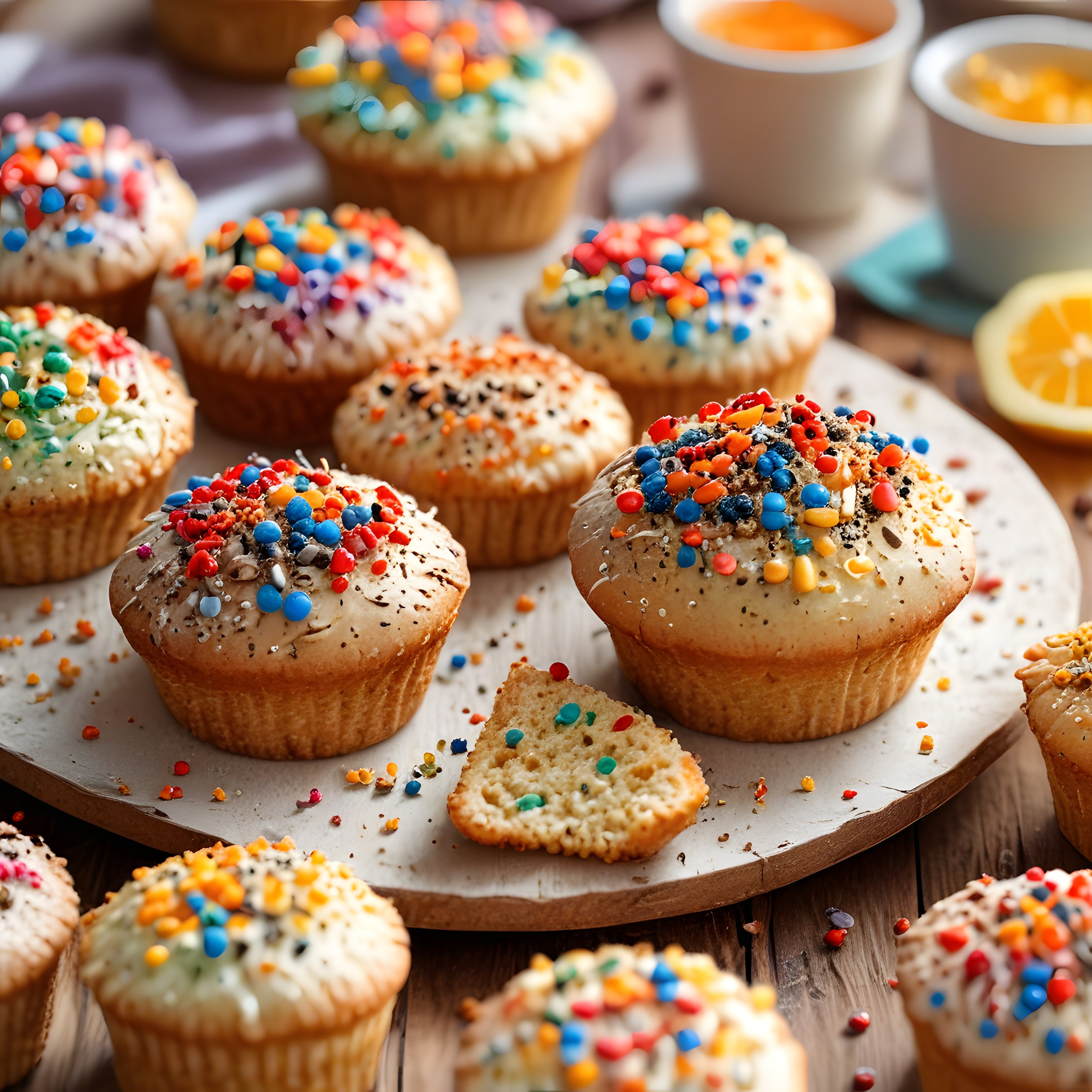 Renkli Kaplamalı Cupcakeler ve Kahve Eşliğinde Ahşap Sunum Masası