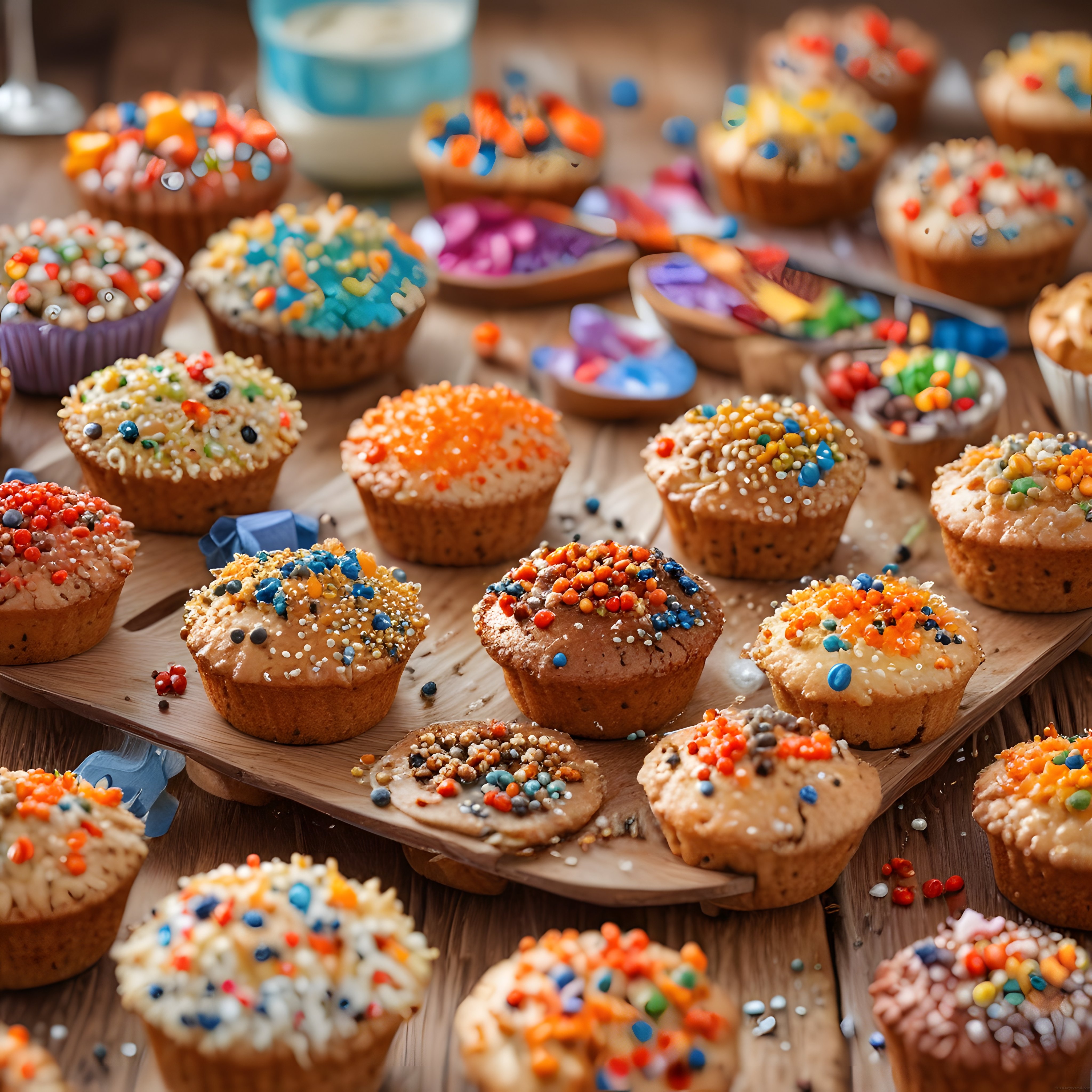 Renkli kaplamalı ve şekerlemeli muffinlerle dolu rustik ahşap sunum masası