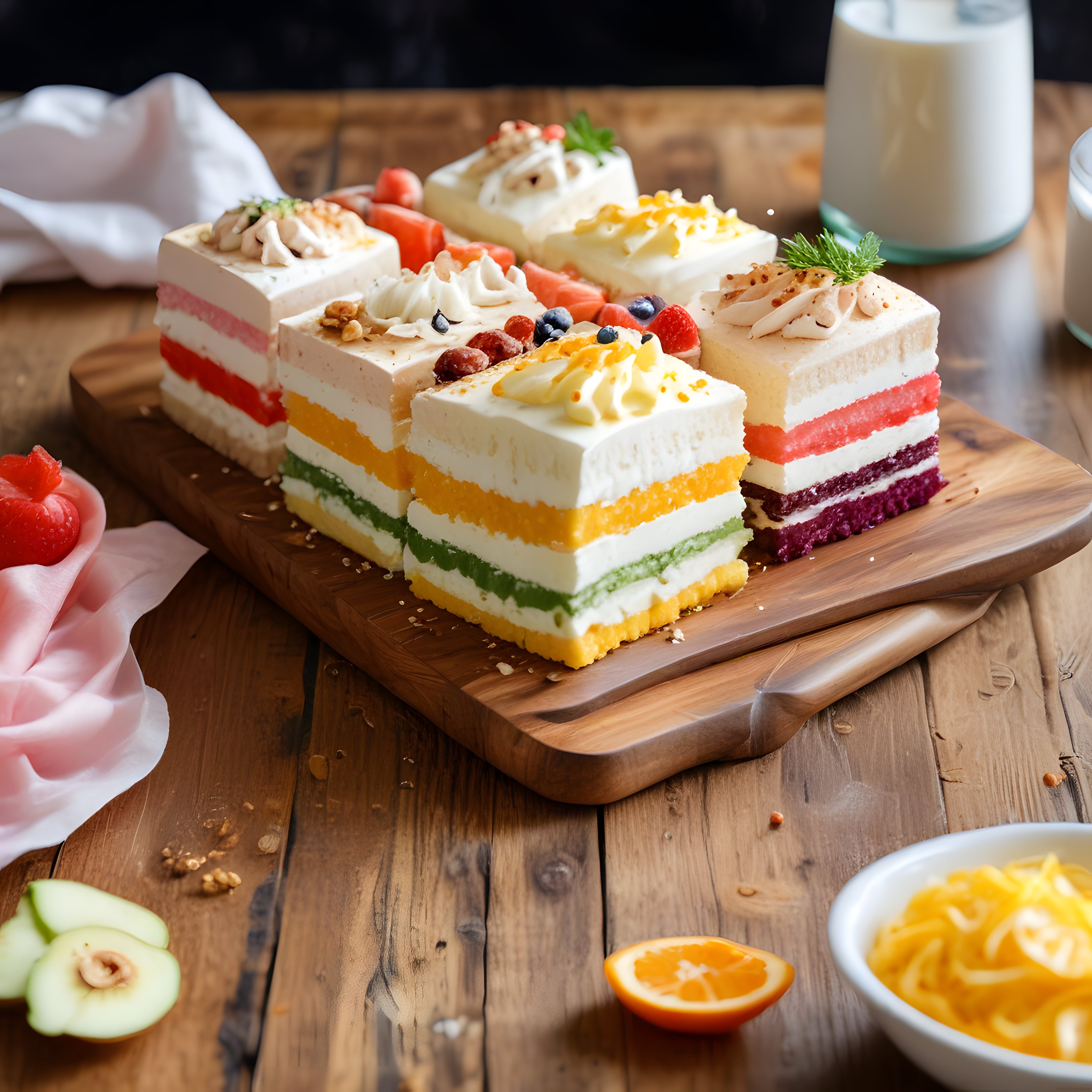 Renkli Katmanlı Cheesecake Dilimleri: Meyveli ve Kremalı Şık Tatlı Sunumu