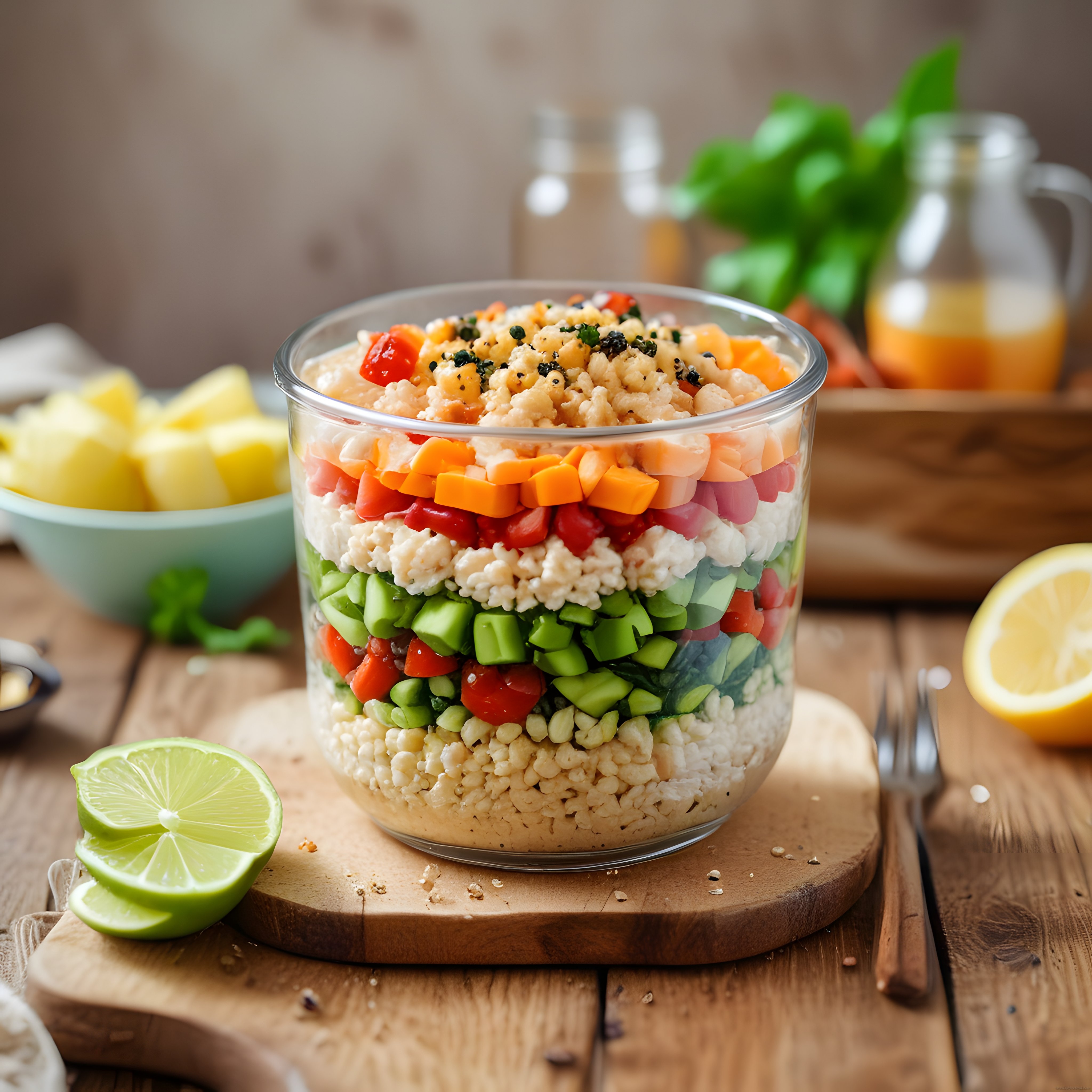 Renkli Katmanlı Sebzeli Salata Kasesi ve Rustik Mutfak Sunumu