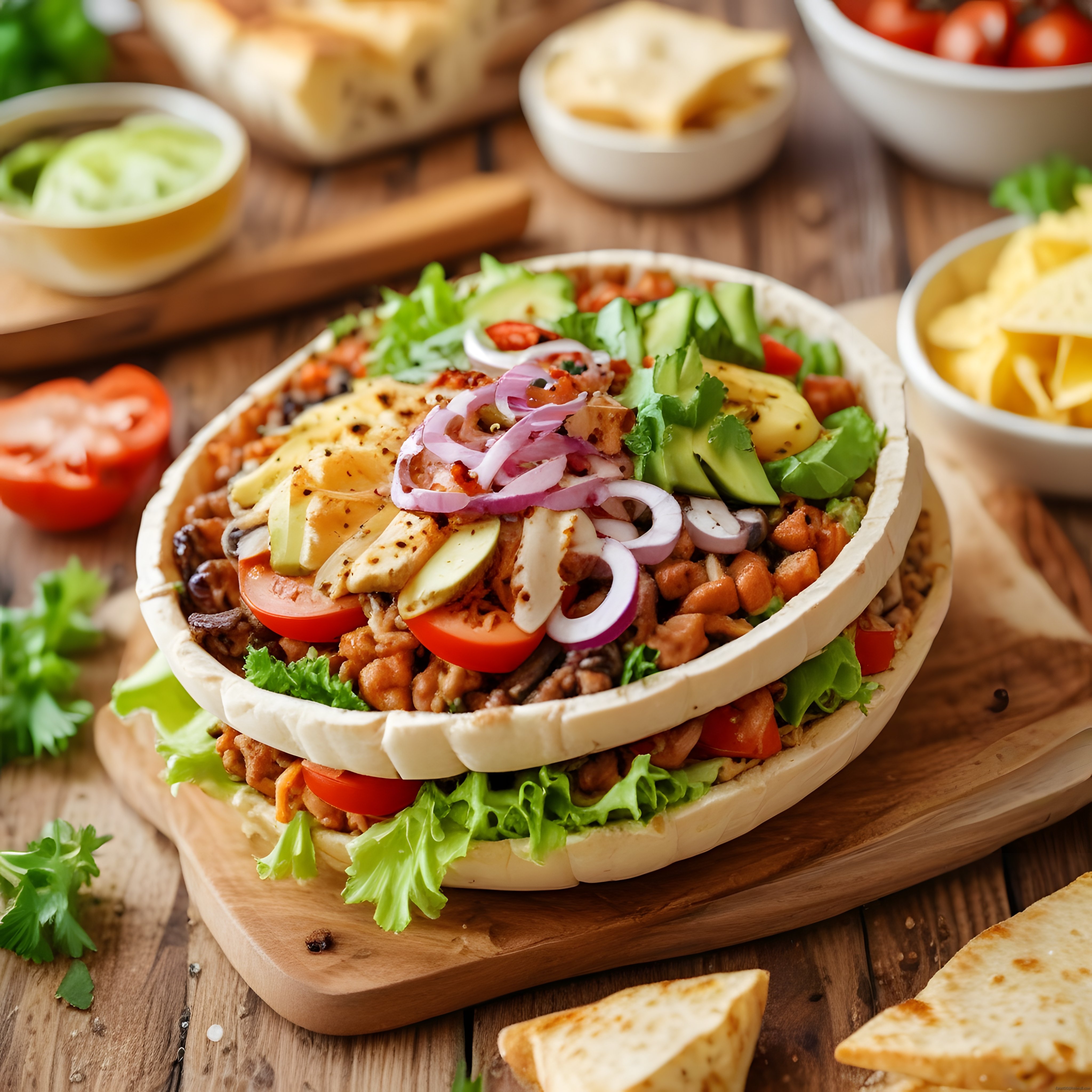 renkli katmanlı taco kasesi sebzelerle ahşap sunum tahtasında ev yapımı tarif