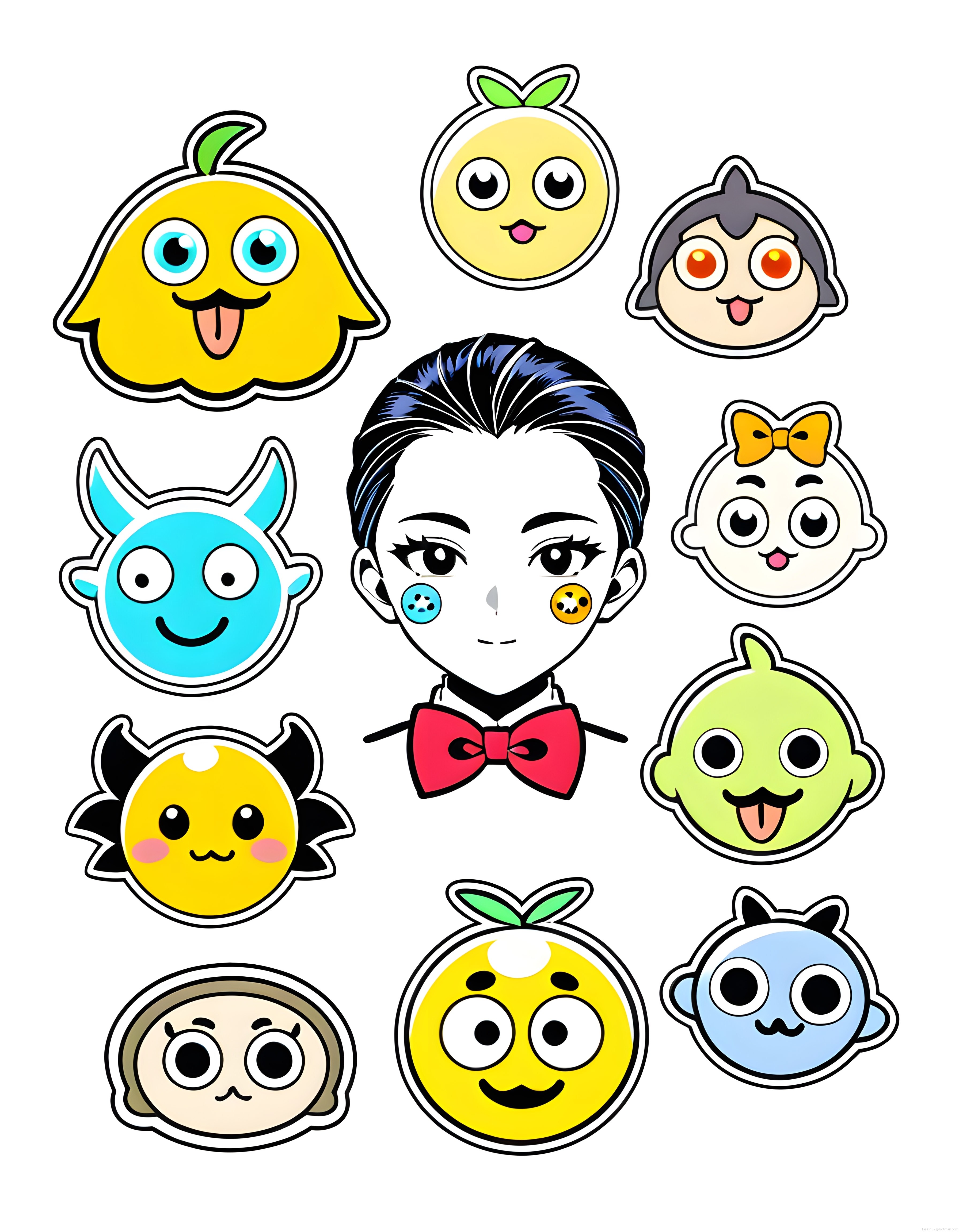 Renkli Kawaii Çizgi Film Karakterleri ve Palyaço Yüzü Sticker Seti