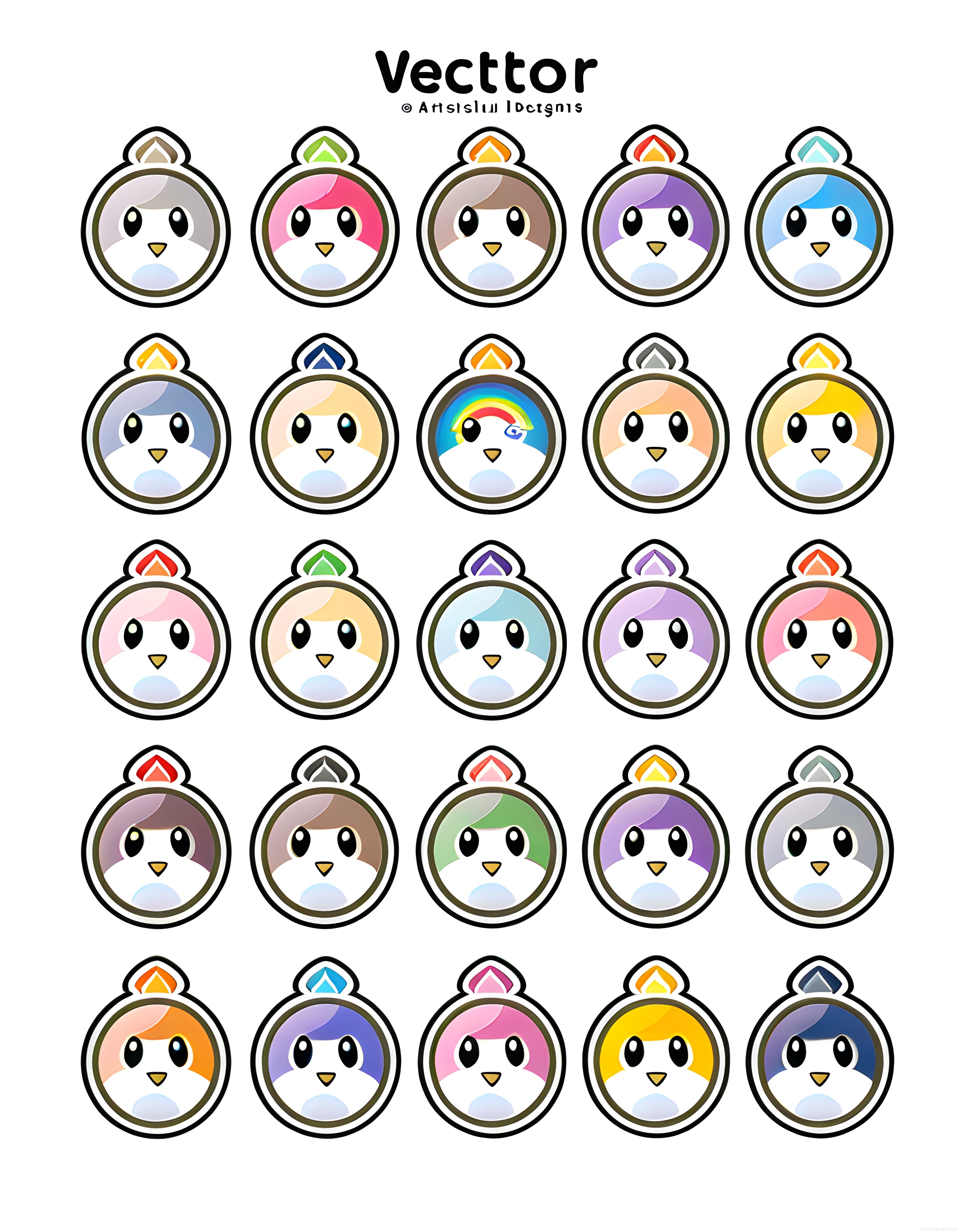 Renkli kawaii vektör karakter rozetleri sevimli çizim tarzı dijital sticker seti