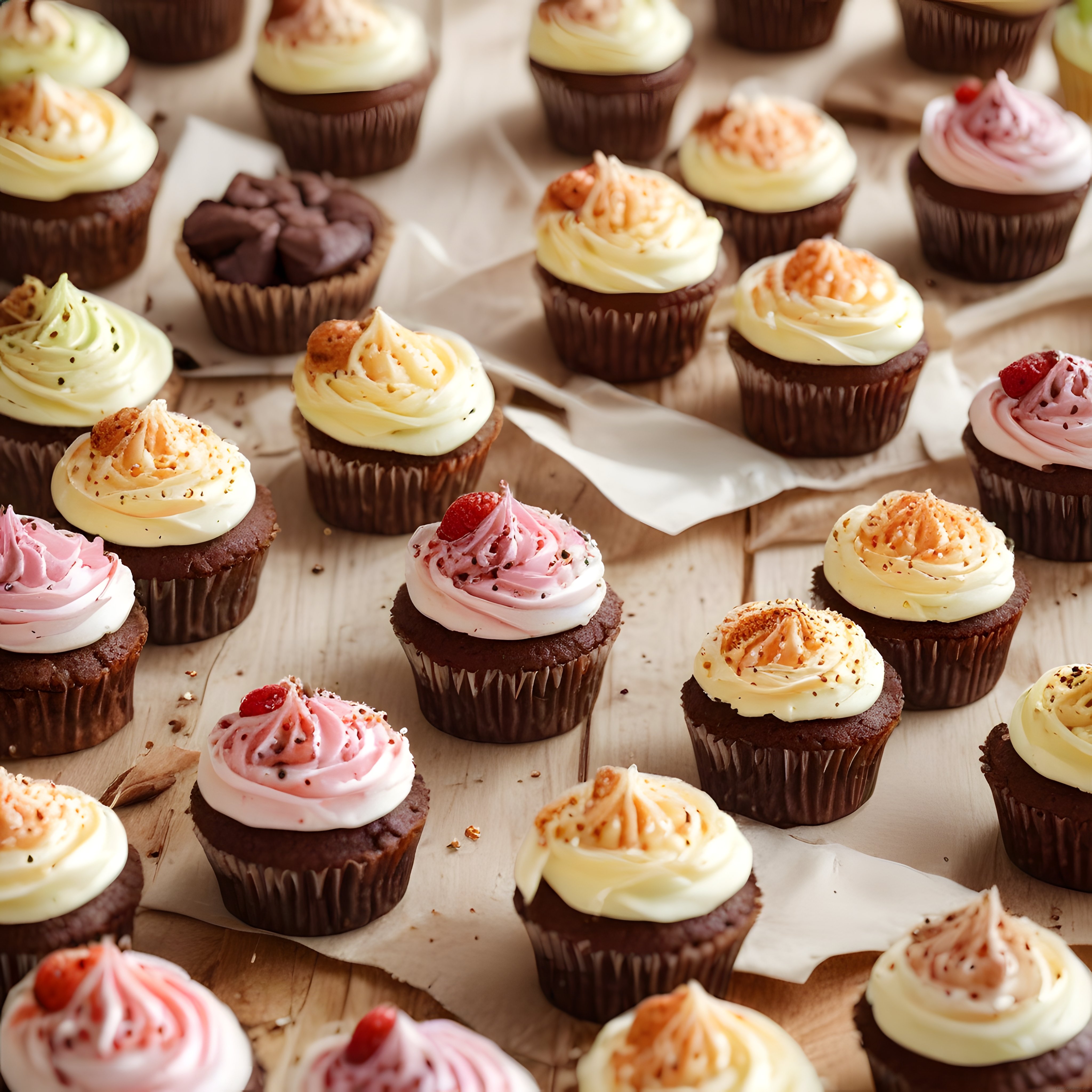 Renkli Krema Süslemeli Çikolatalı Cupcake'lerle Dolu Nefis Tatlı Masası