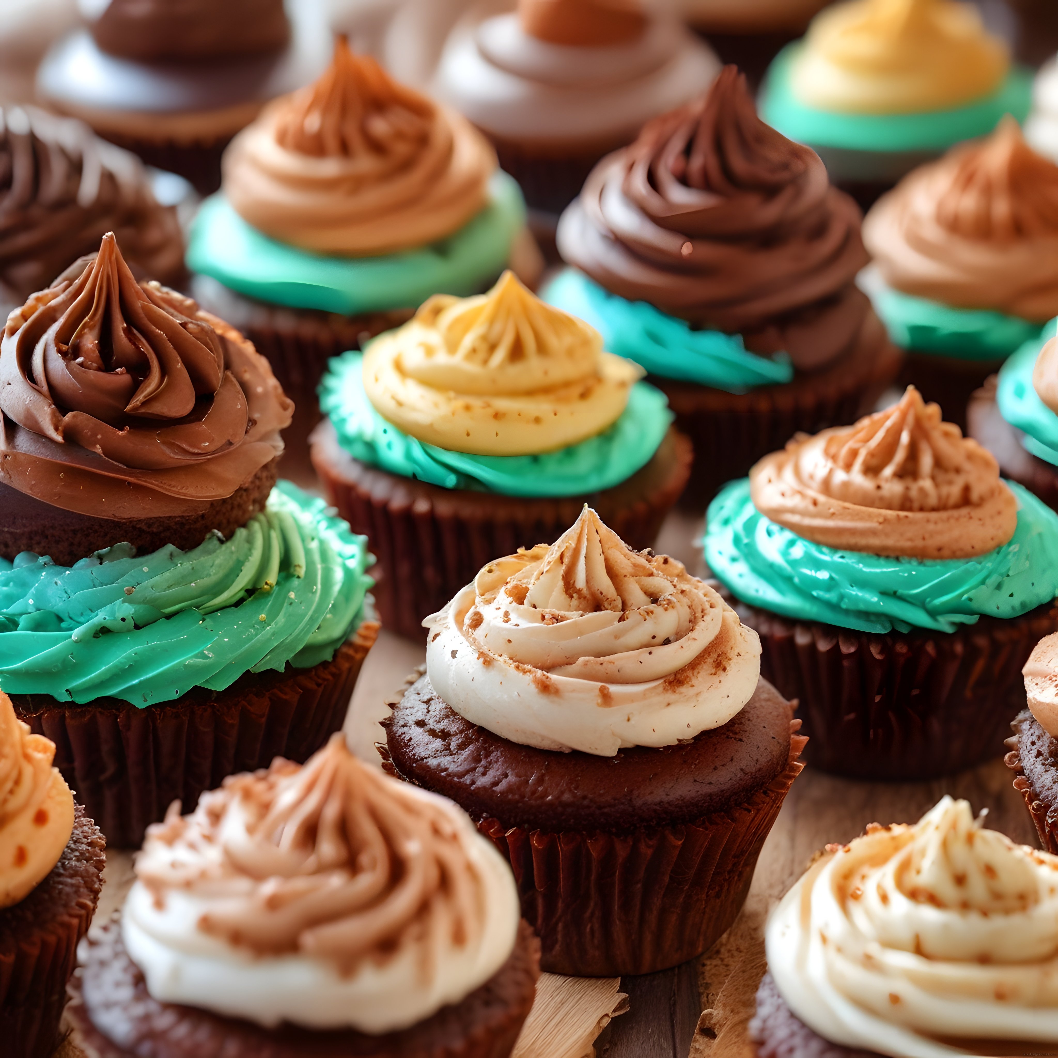 Renkli krema süslemeli çikolatalı cupcakeler tatlı bir şölen vadediyor