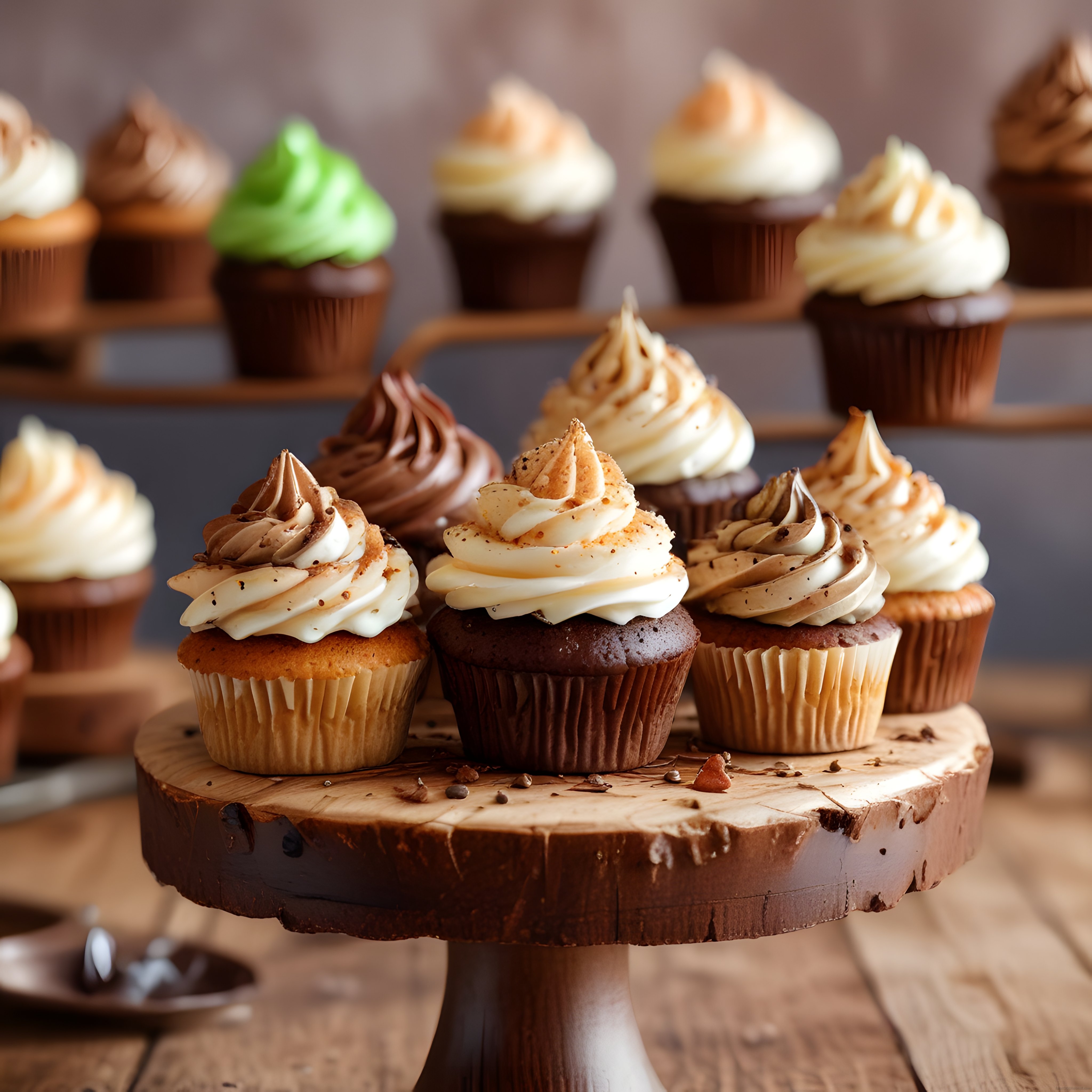 Renkli Krema Süslemeli Cupcake'ler Ahşap Tepside: Tatlı Sunum ve Pastane Stili