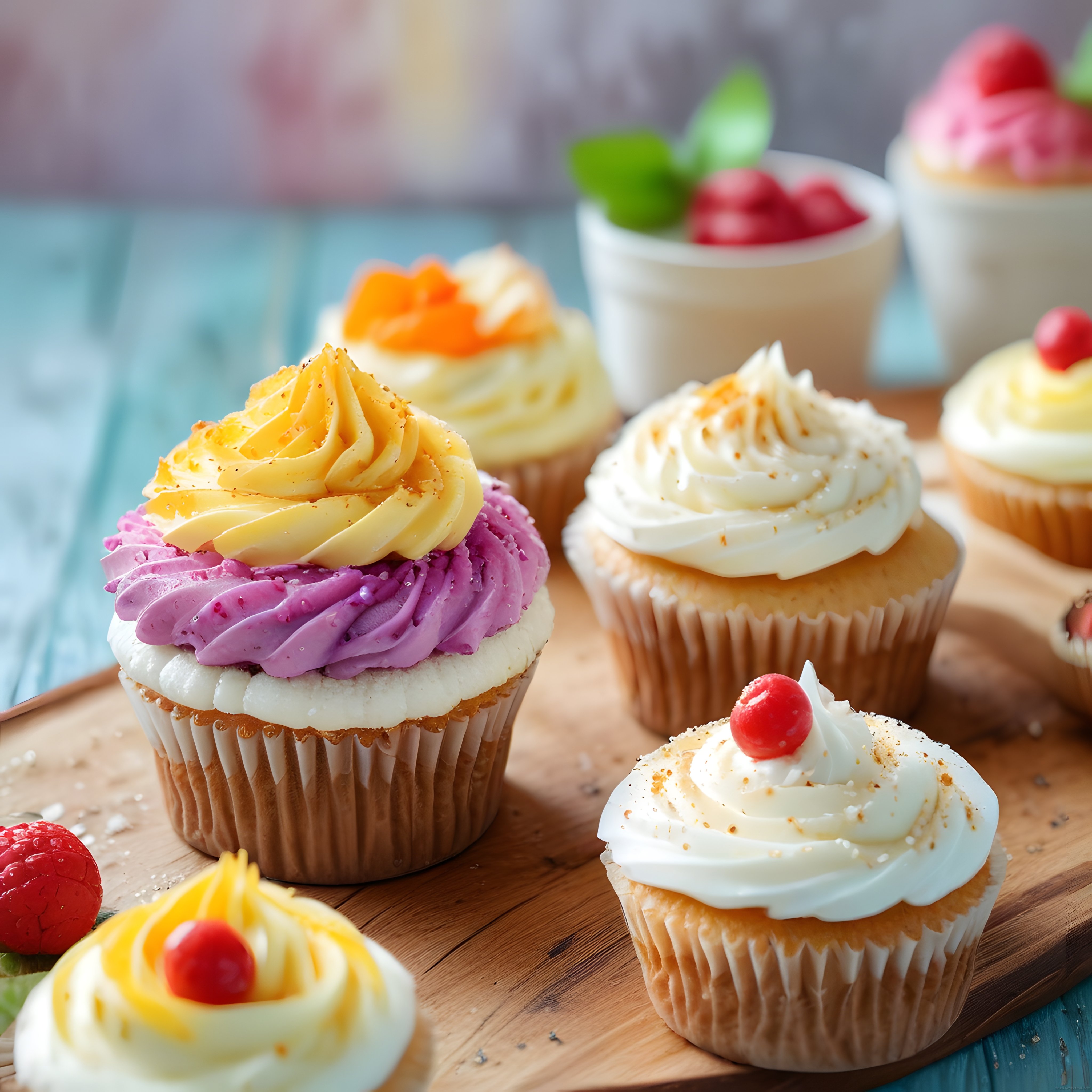 Renkli krema süslemeli cupcake'ler ve taze meyveler ahşap sunum tepsisinde