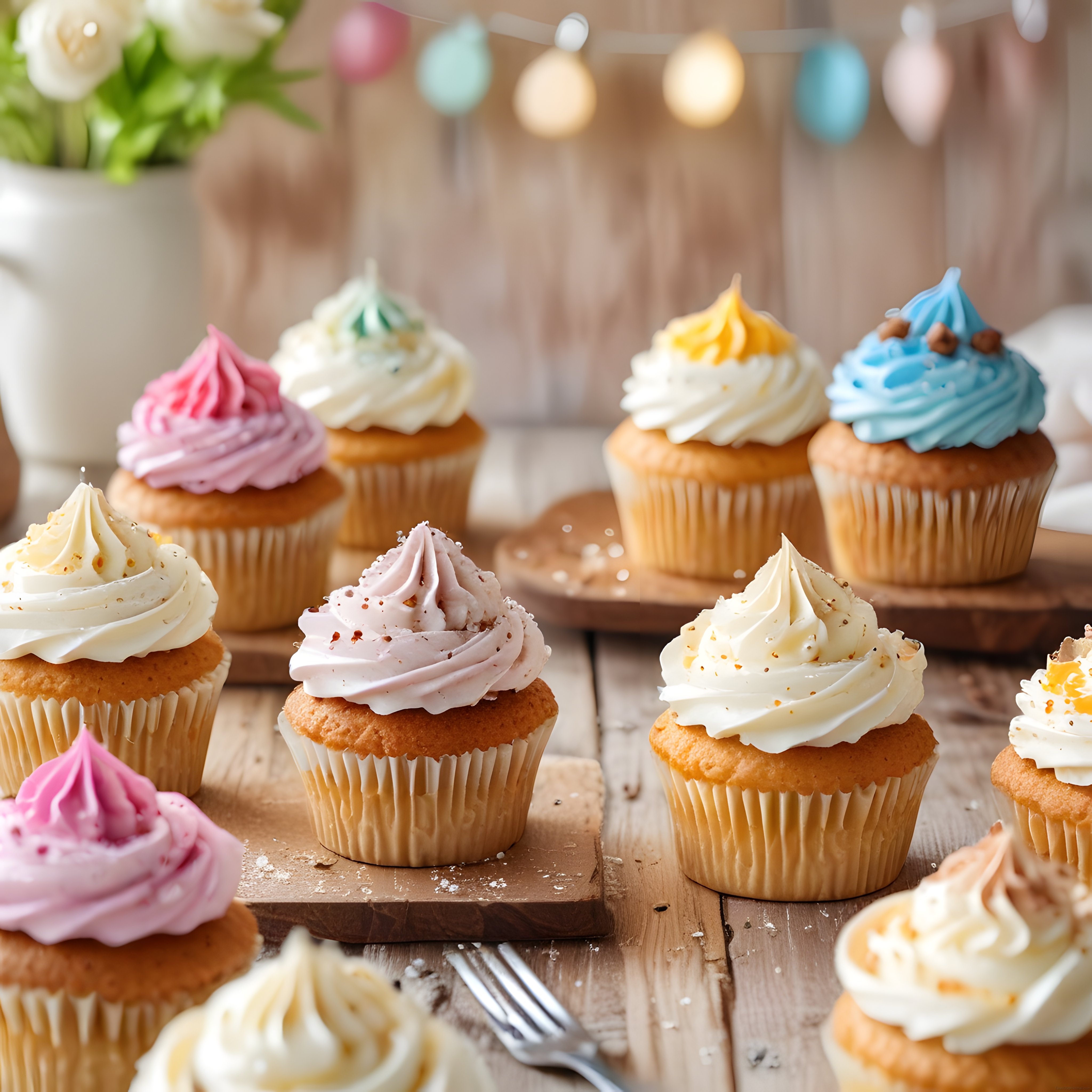 Renkli Krema Süslemeli Cupcakeler ile Pastane Stili Nefis Tatlı Masası