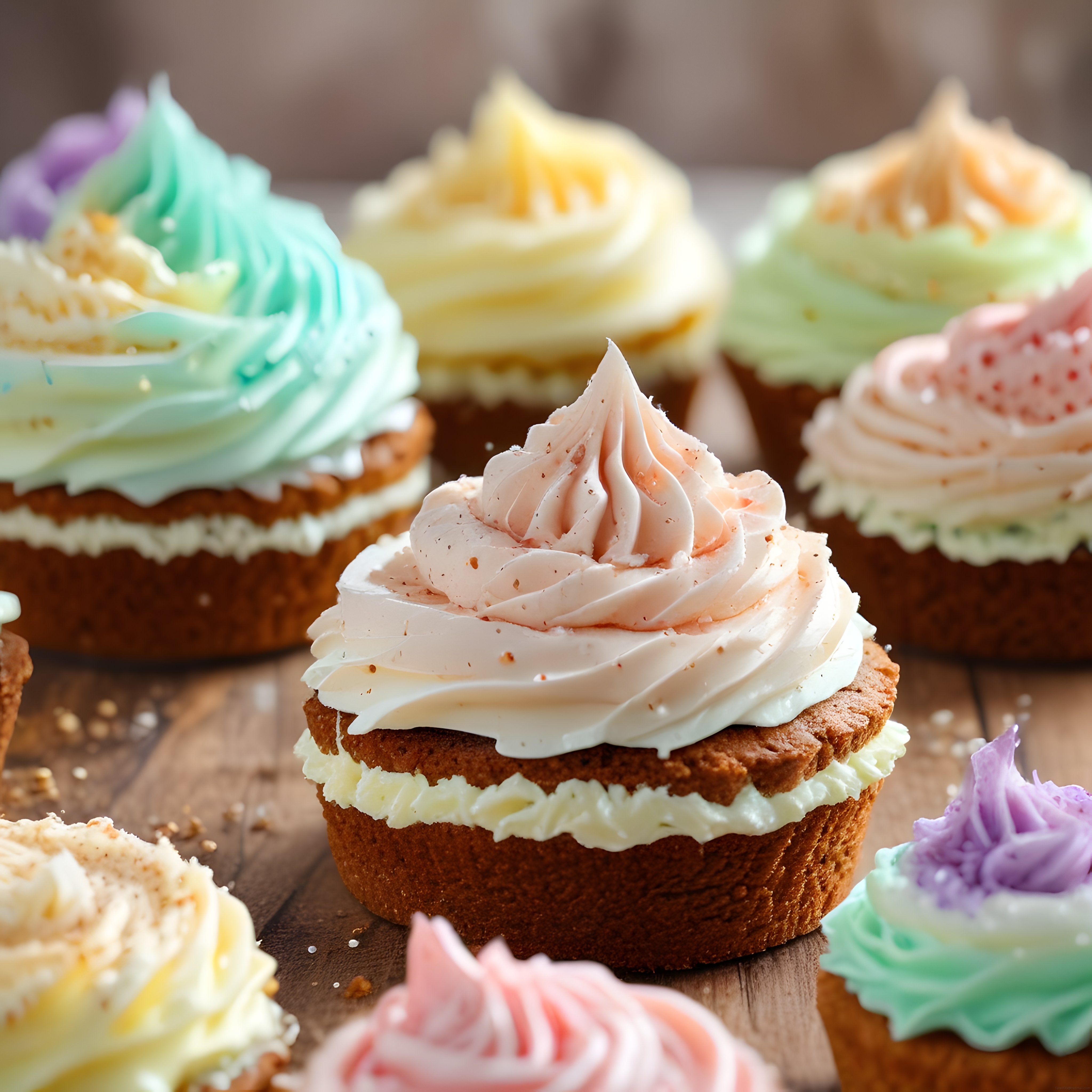 Renkli Krema Süslemeli Cupcakeler: Pastel Tatlılar ve Nefis Ahşap Sunum