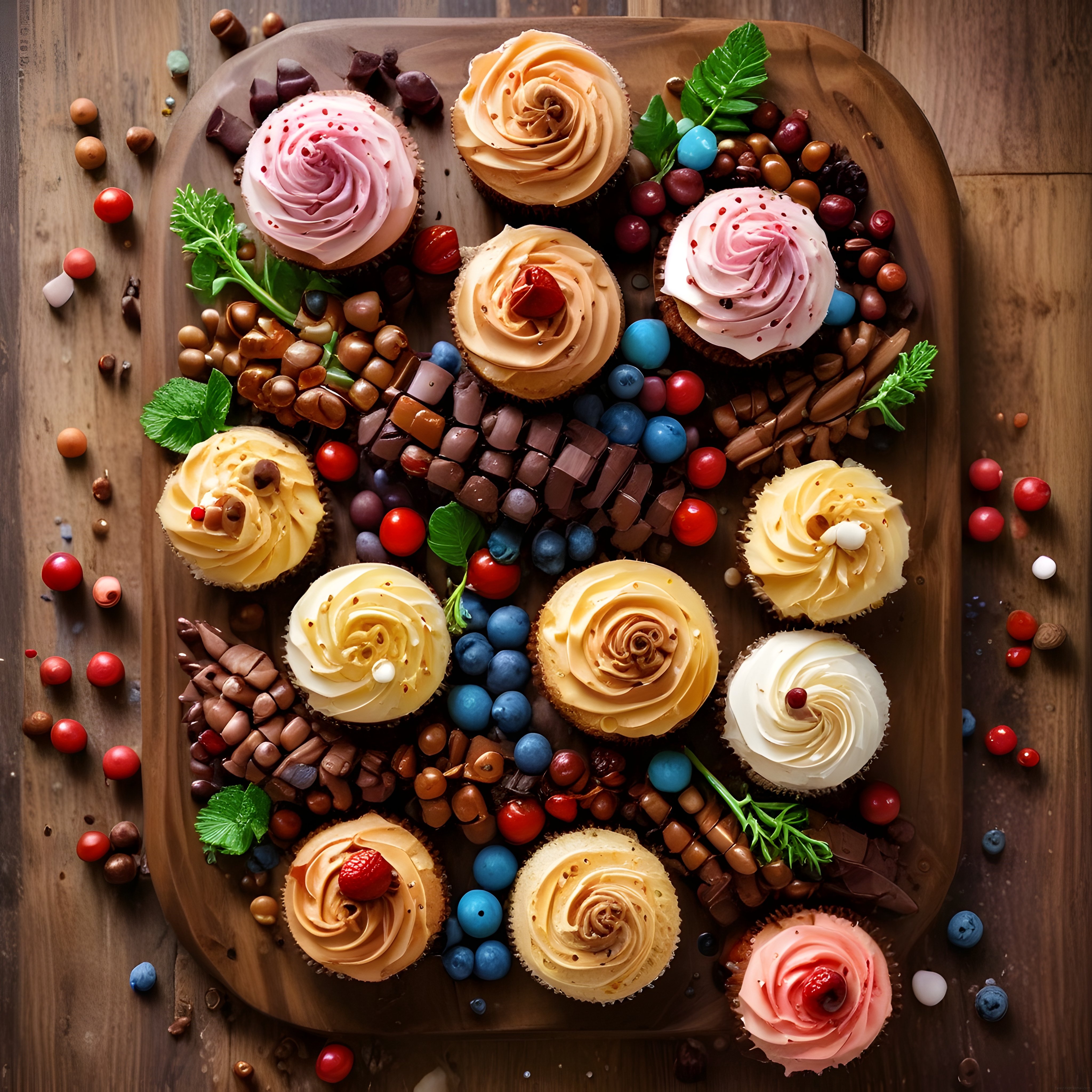 Renkli Krema Süslemeli Cupcakeler ve Çikolatalı Tatlı Tablosu