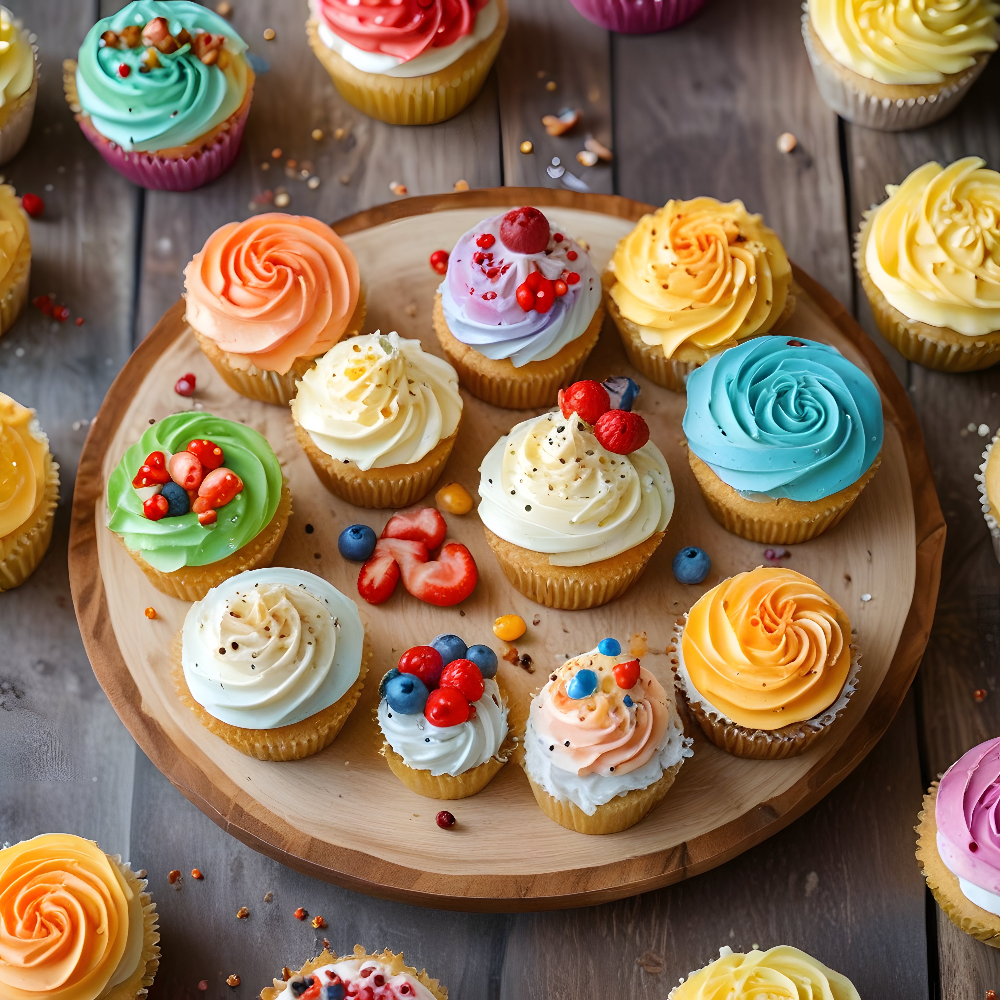 Renkli Krema Süslemeli Ev Yapımı Cupcake'ler ve Meyve Detaylarıyla Tatlı Tablosu