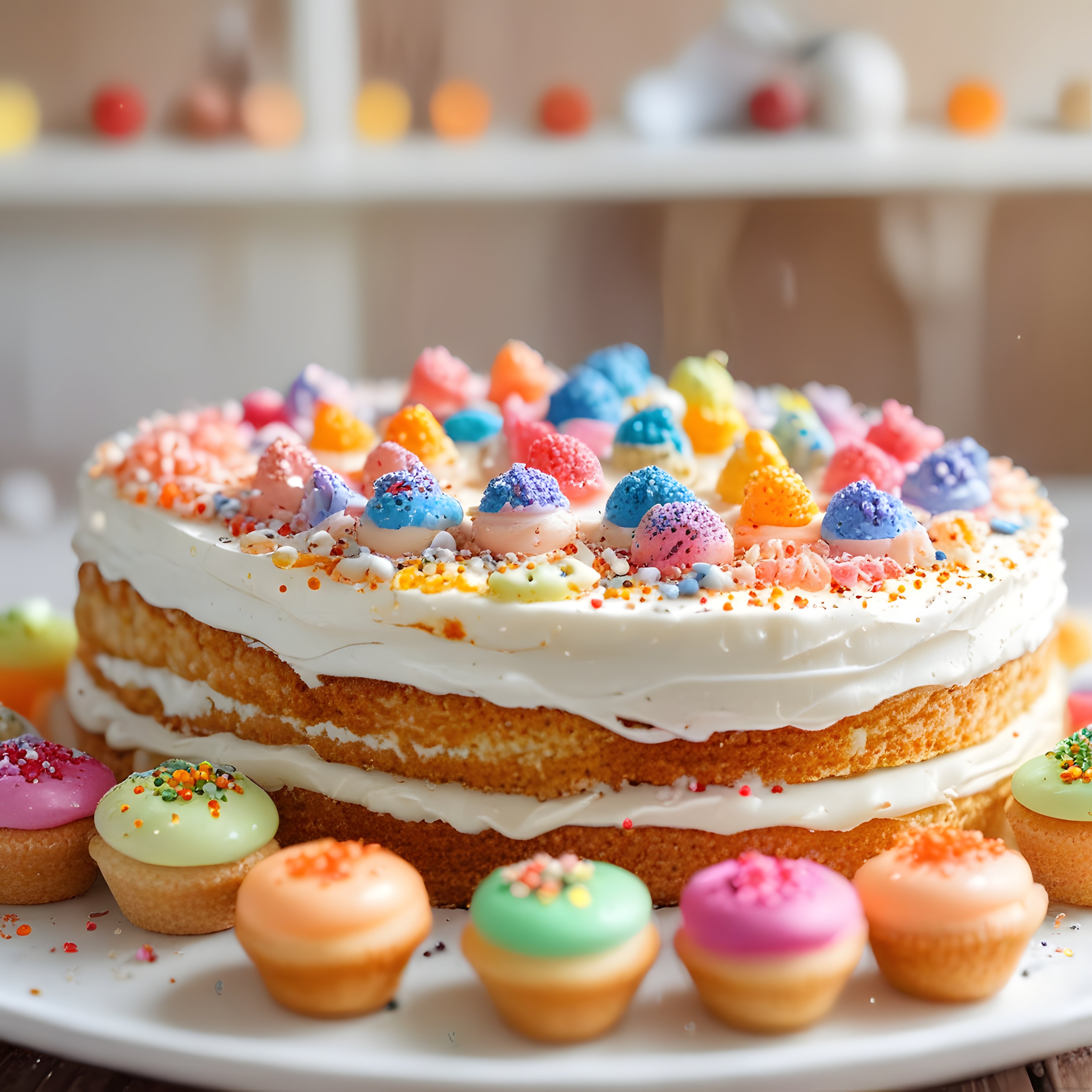 Renkli krema süslemeli katlı pasta ve pastel tonlarda mini cupcake çeşitleri