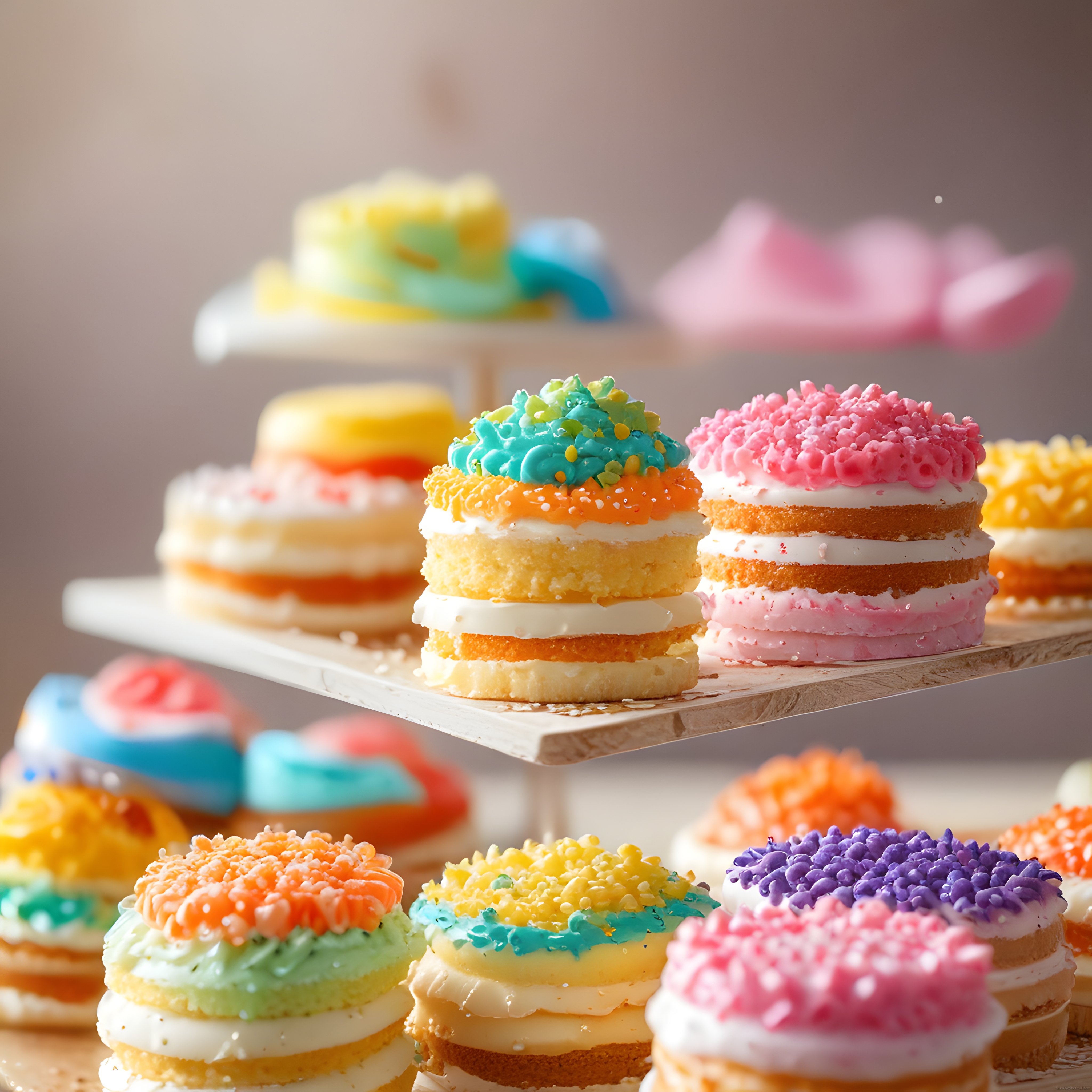 Renkli Krema Süslemeli Mini Katlı Pastalar ve Tatlı Çeşitleri Sunumu
