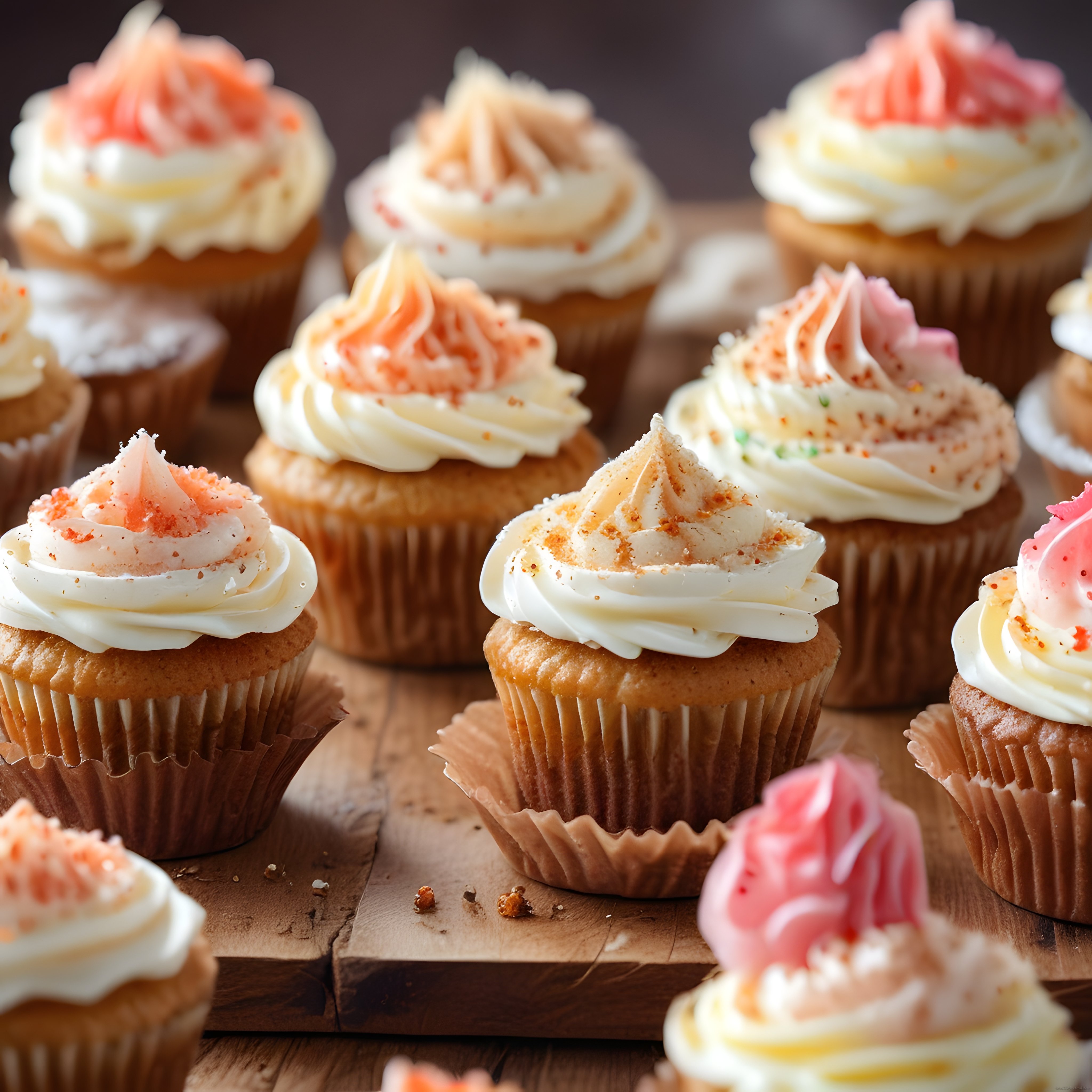 Renkli Krema Süslemeli Taptaze Cupcake'lerin Rustik Ahşap Sunumu