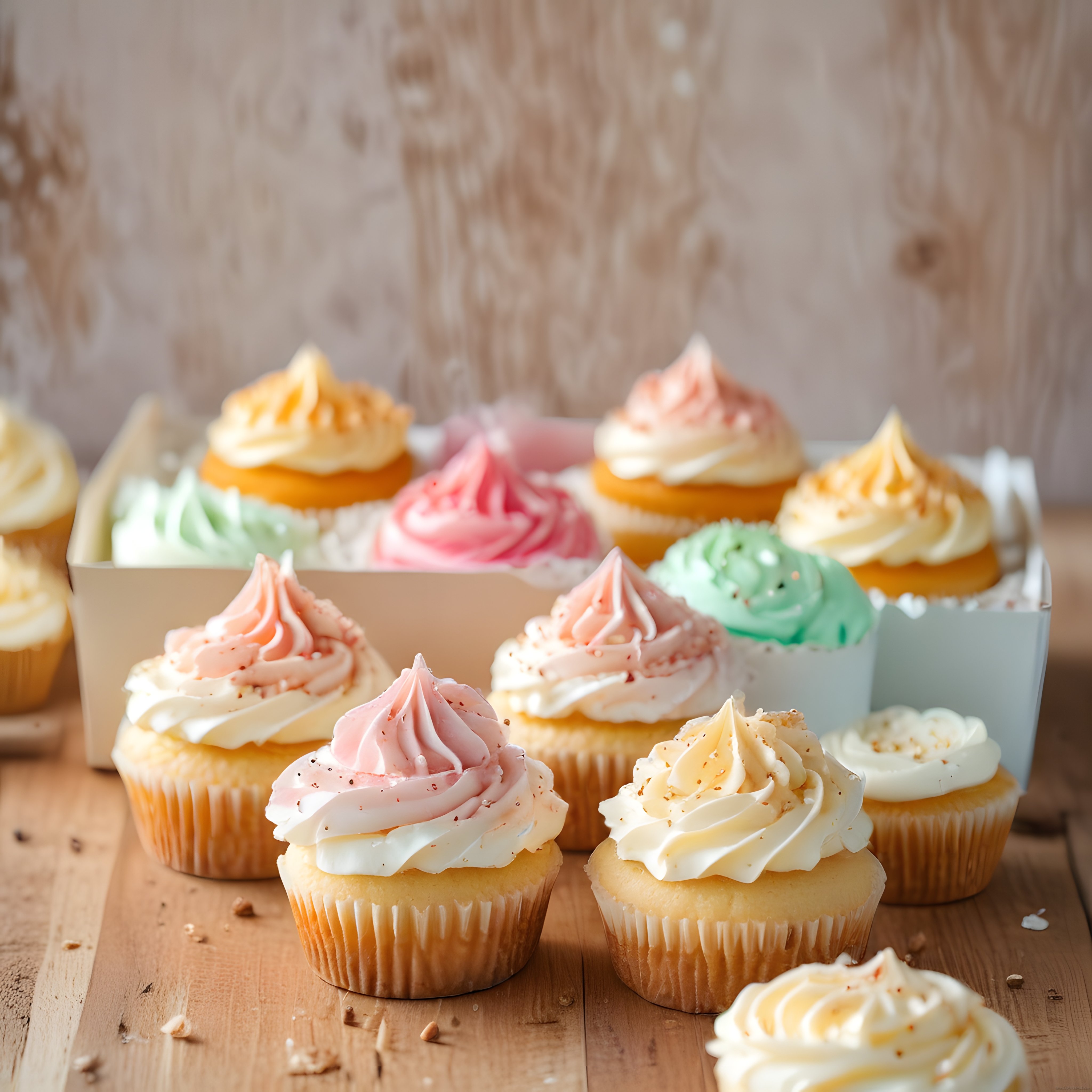 Renkli Krema Süslü Cupcakeler ve Ahşap Sunum Üzerinde Pastane Stili Tatlı Tasarımı