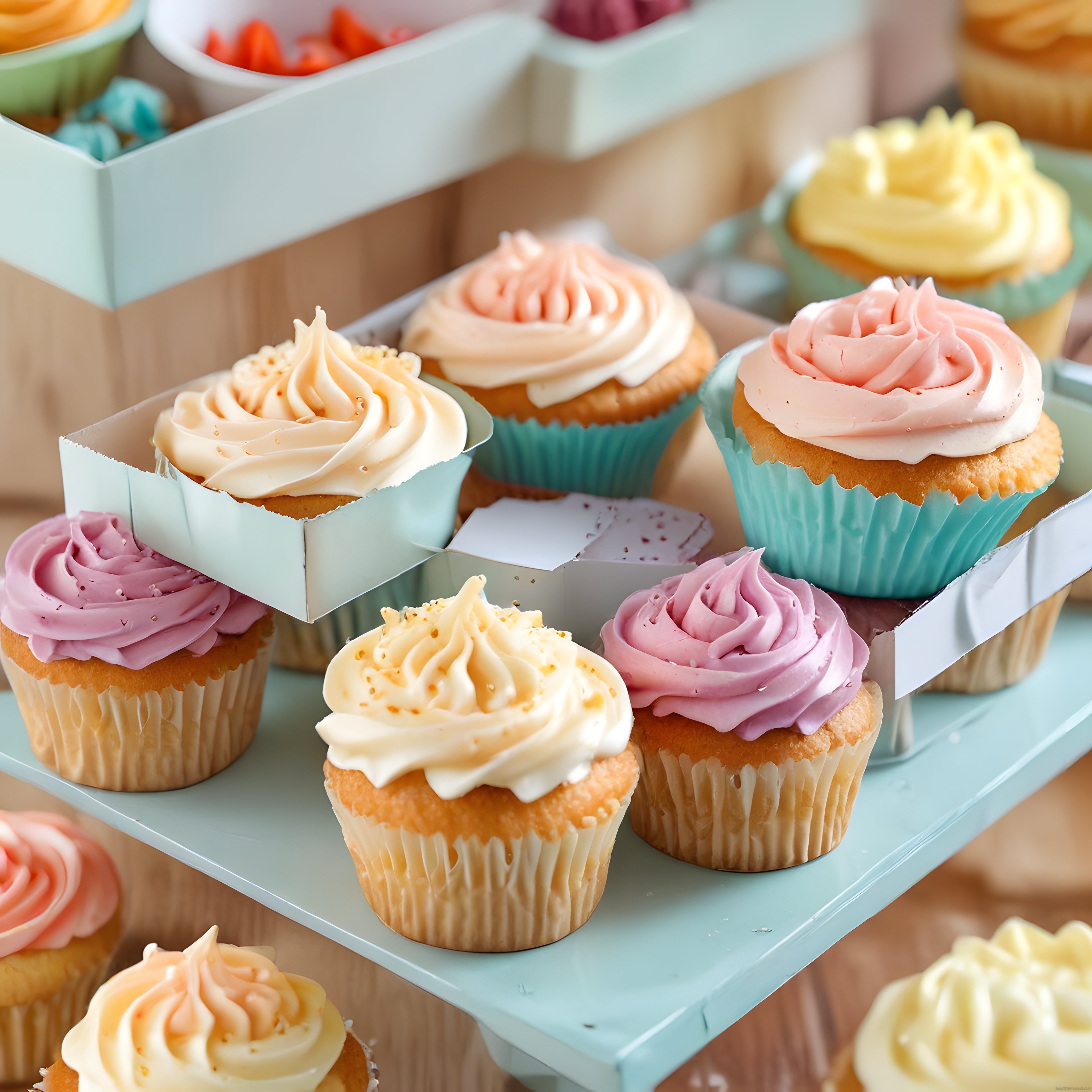 renkli krema süslü cupcakelerin pastel sunumu ve butik pastane atmosferi