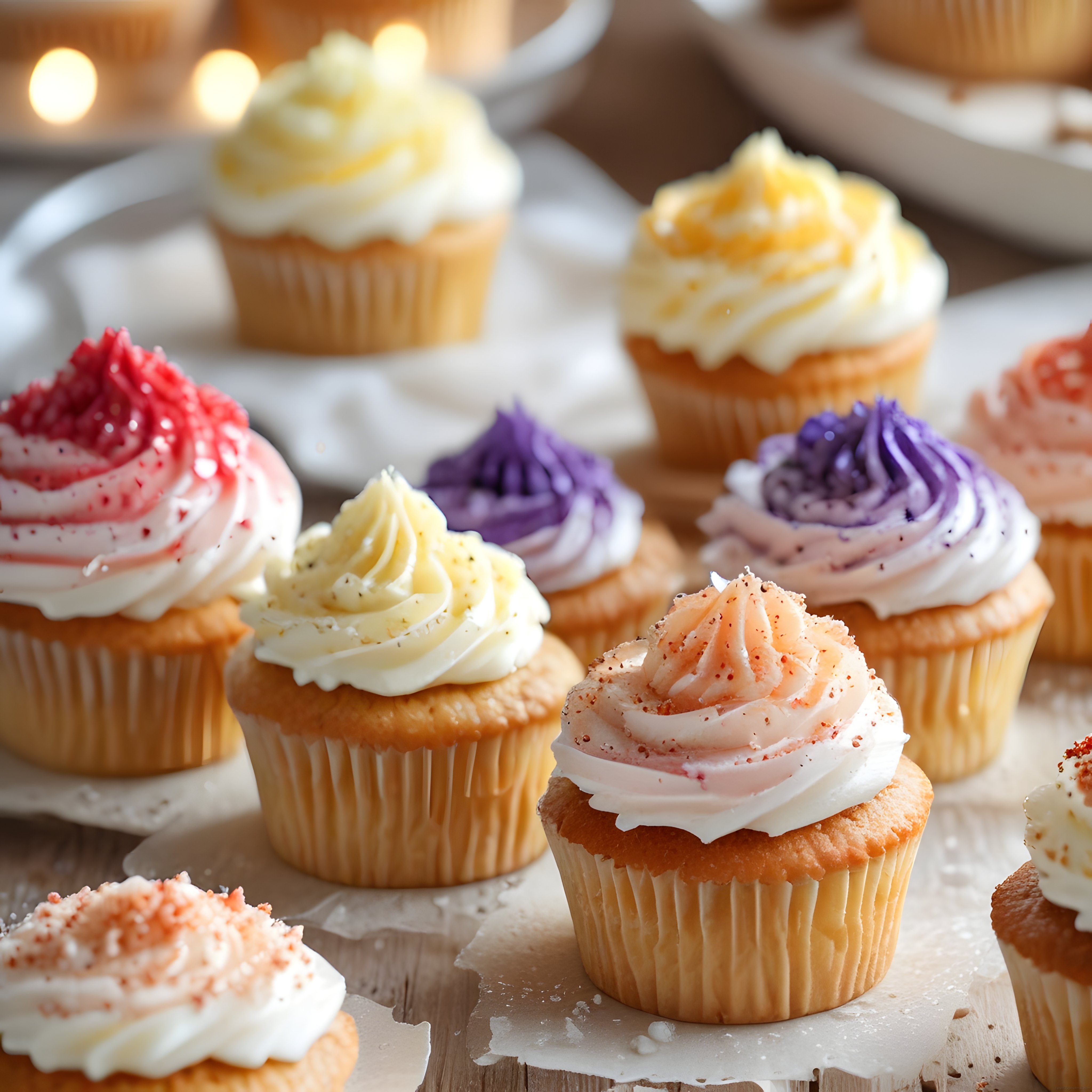 Renkli Krema Süslü Cupcakelerle Hazırlanmış Sıcak Bir Tatlı Masası Sunumu