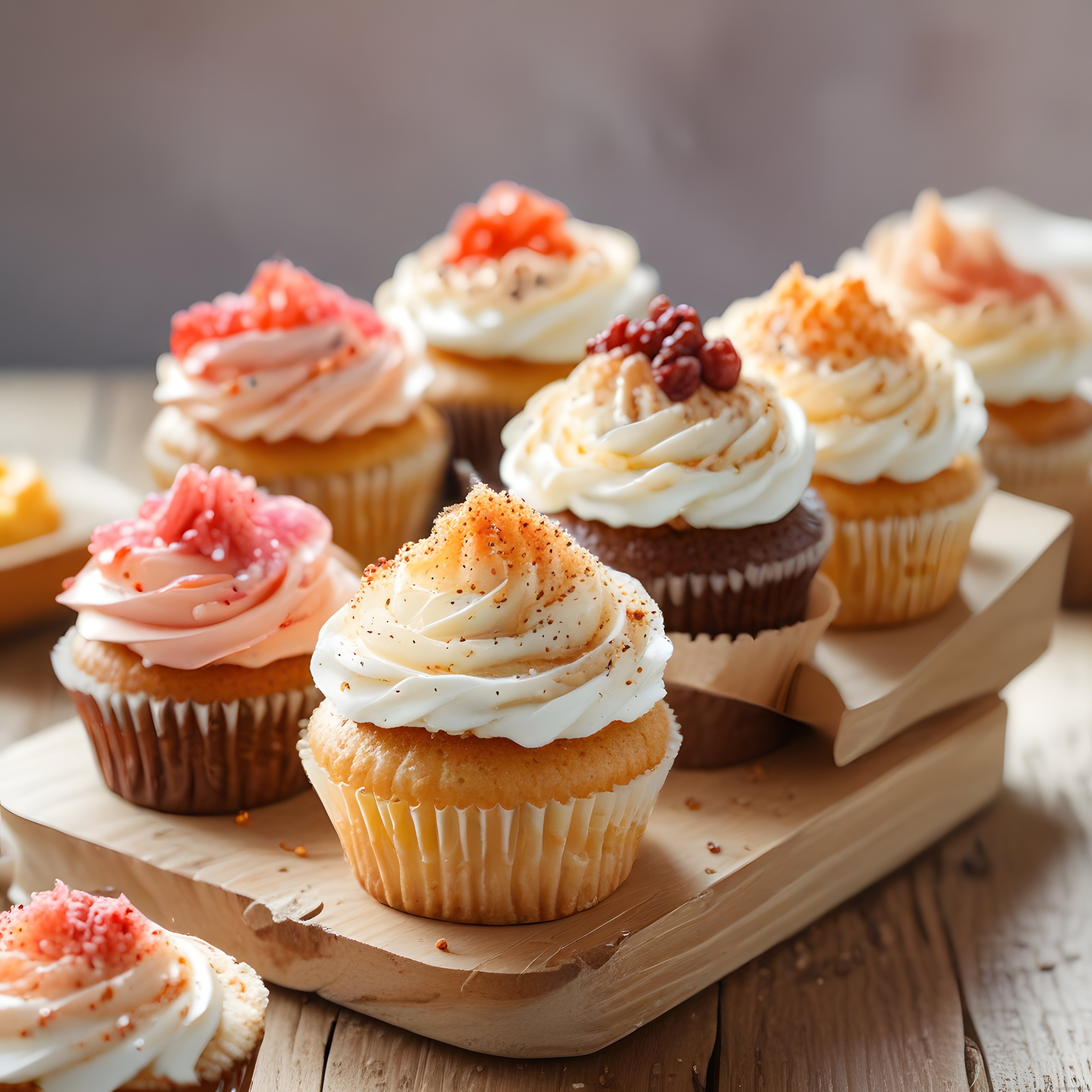 Renkli Krema Süslü Lezzetli Cupcake'ler Ahşap Sunum Tahtası Üzerinde