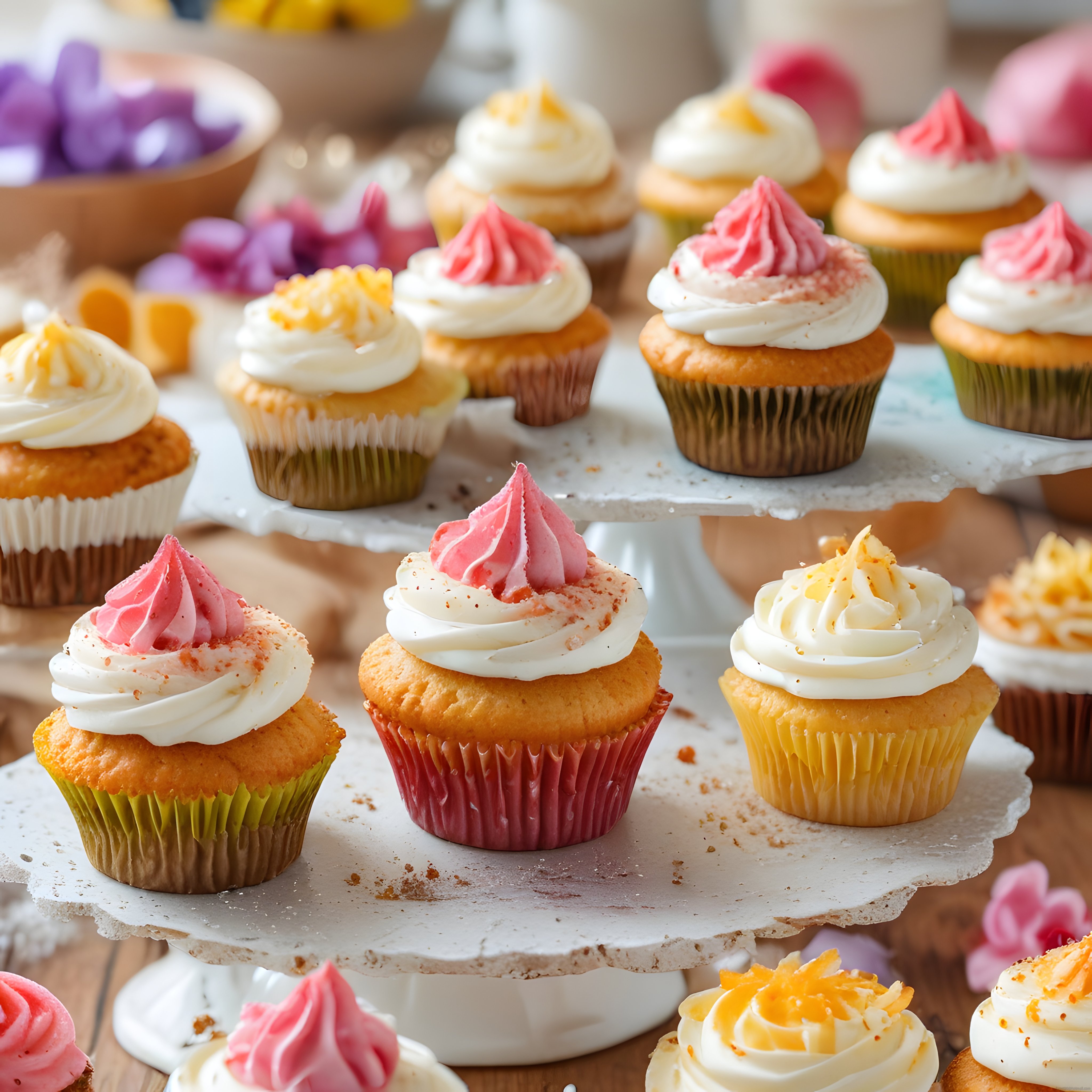 Renkli Krema Süslü Taze Cupcake'lerle Hazırlanmış Şık Tatlı Sunum Masası