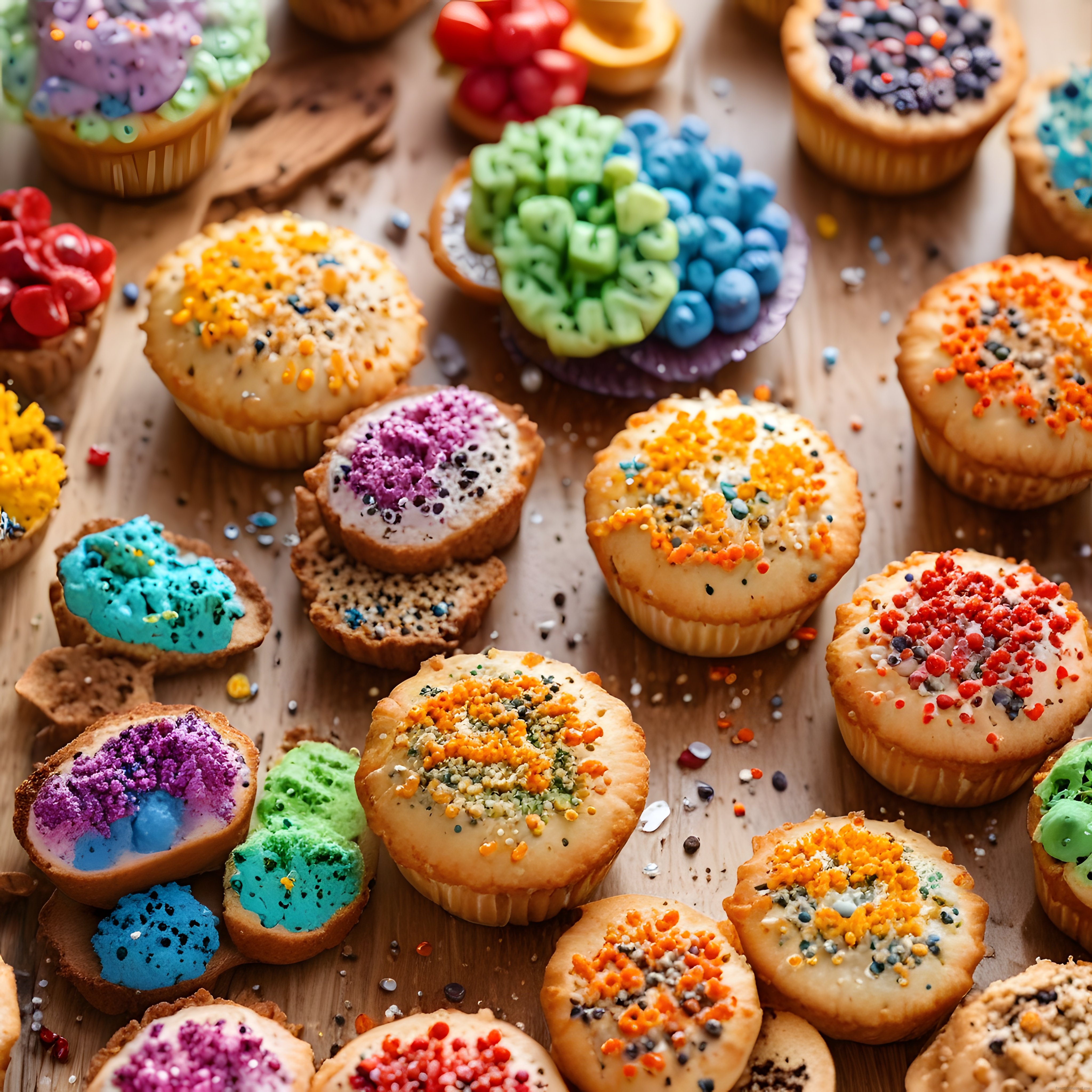 Renkli Krema ve Boncuklarla Süslenmiş Cupcake ve Tart Çeşitleri