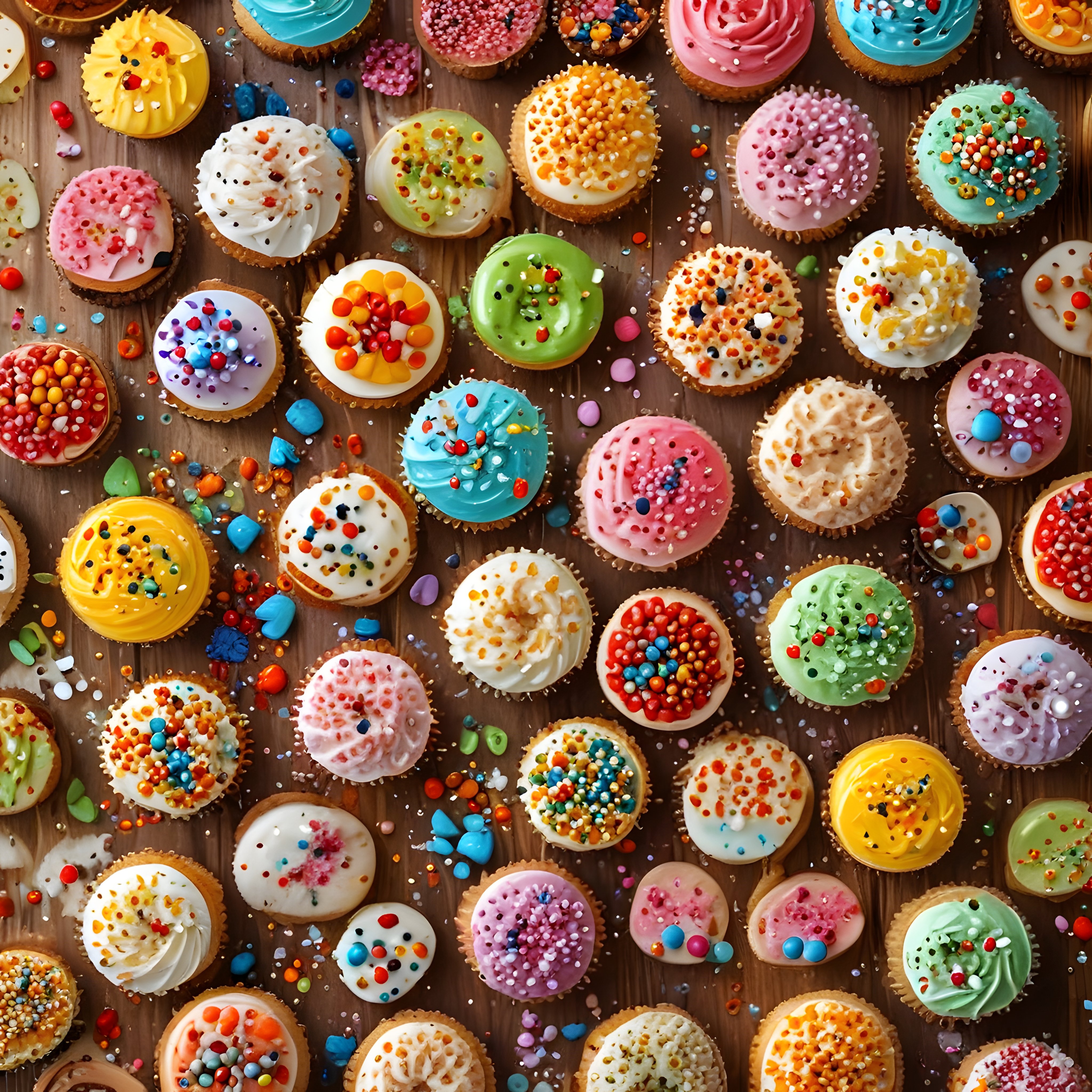 Renkli Krema ve Boncuklarla Süslenmiş Farklı Cupcake Tatlı Koleksiyonu