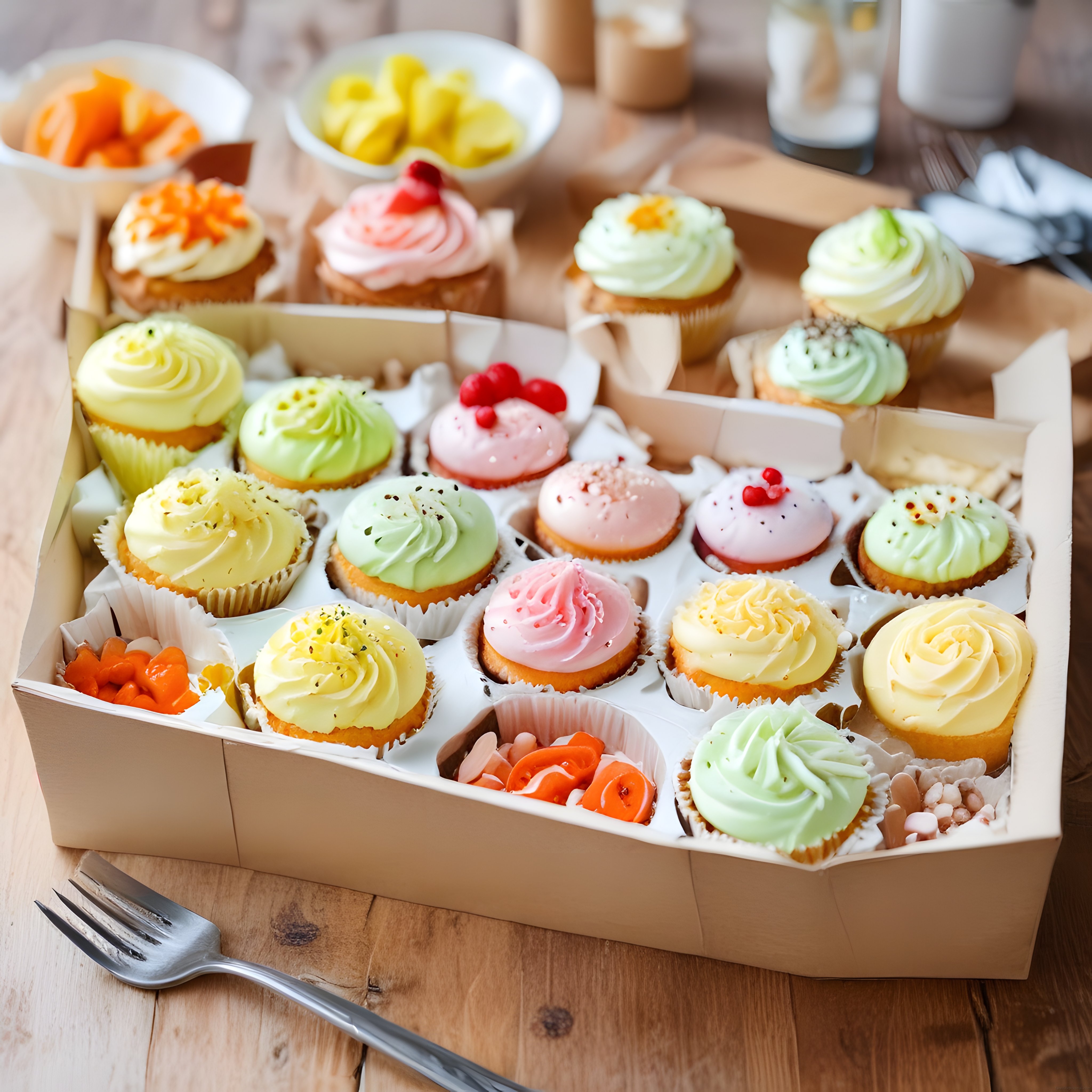 Renkli krema ve meyve süslü cupcake kutusu ile ahşap masa sunumu