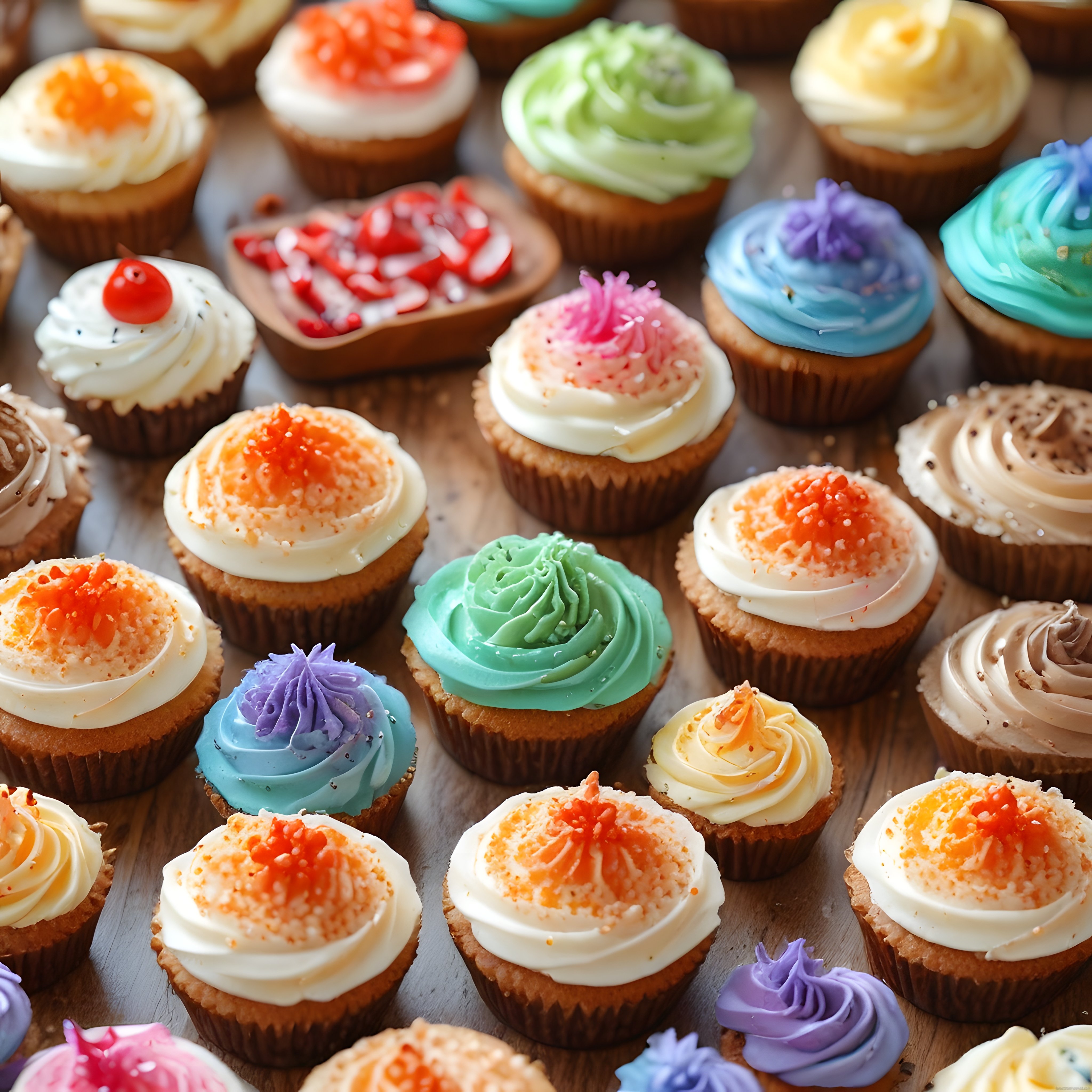 Renkli krema ve meyvelerle süslenmiş çeşitli cupcake'lerin ahşap tepsi sunumu