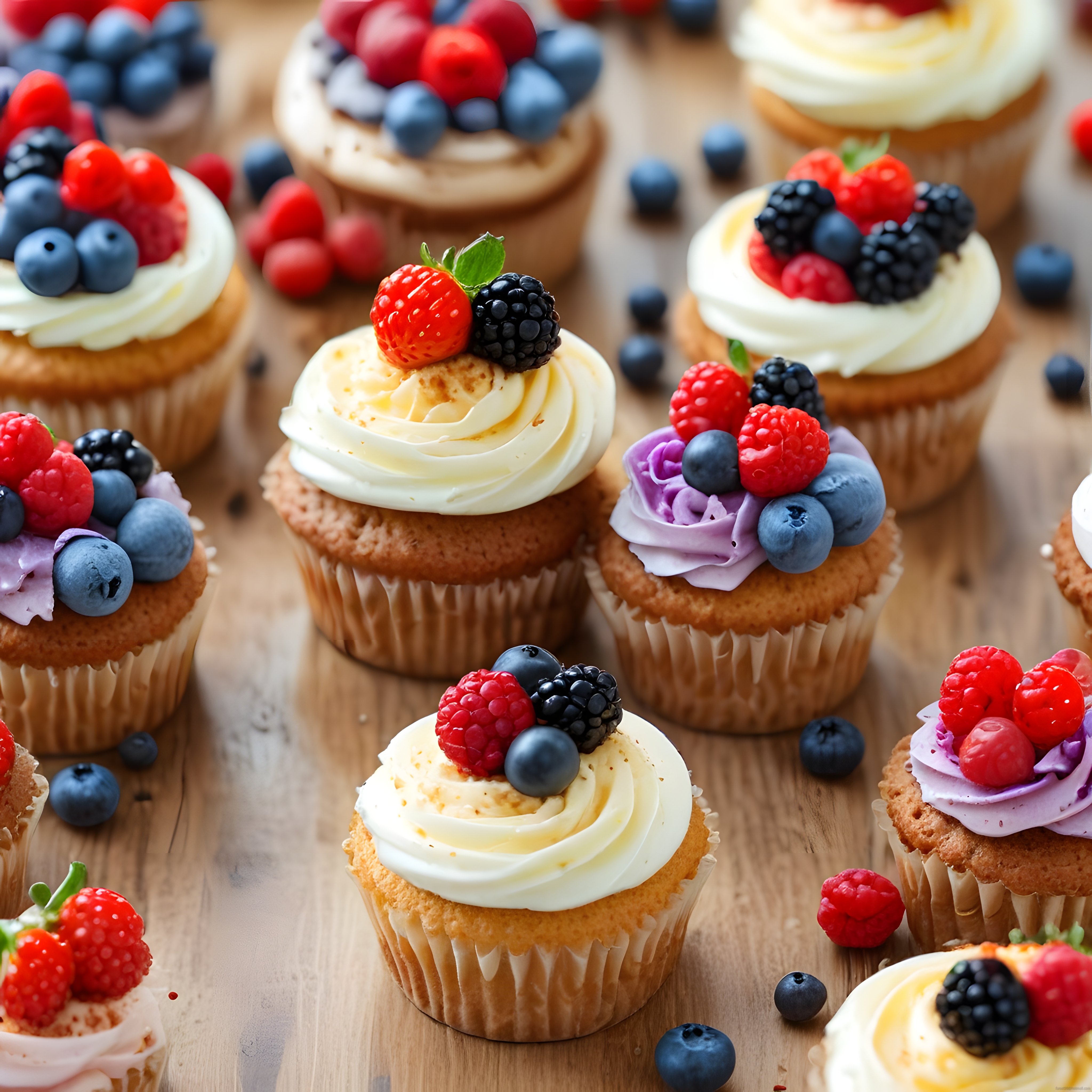 Renkli Krema ve Orman Meyveli Lezzetli Cupcake Çeşitleri Sunumu