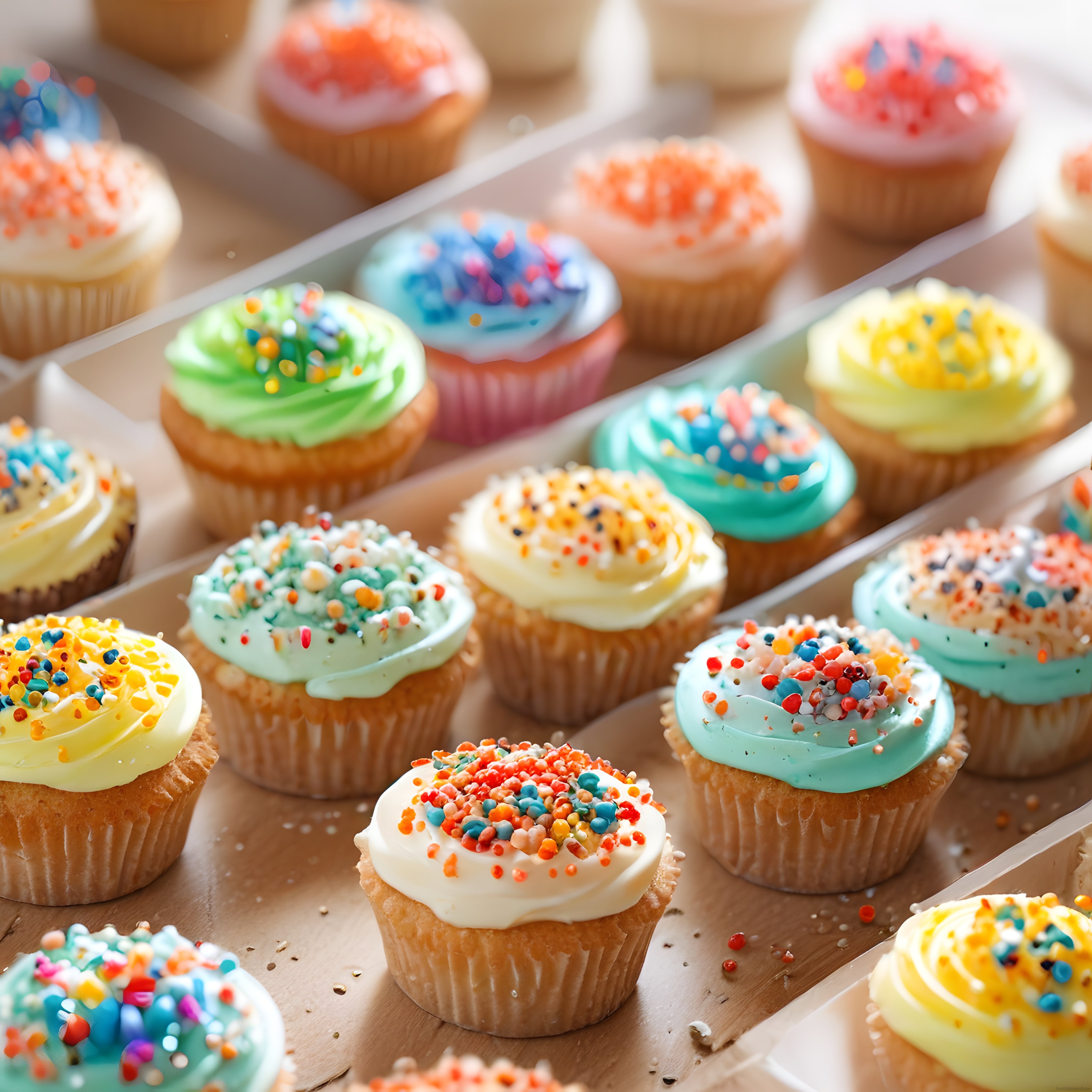 Renkli Krema ve Pasta Süslemeleriyle Süslenmiş Neşeli Cupcake Tepsisi