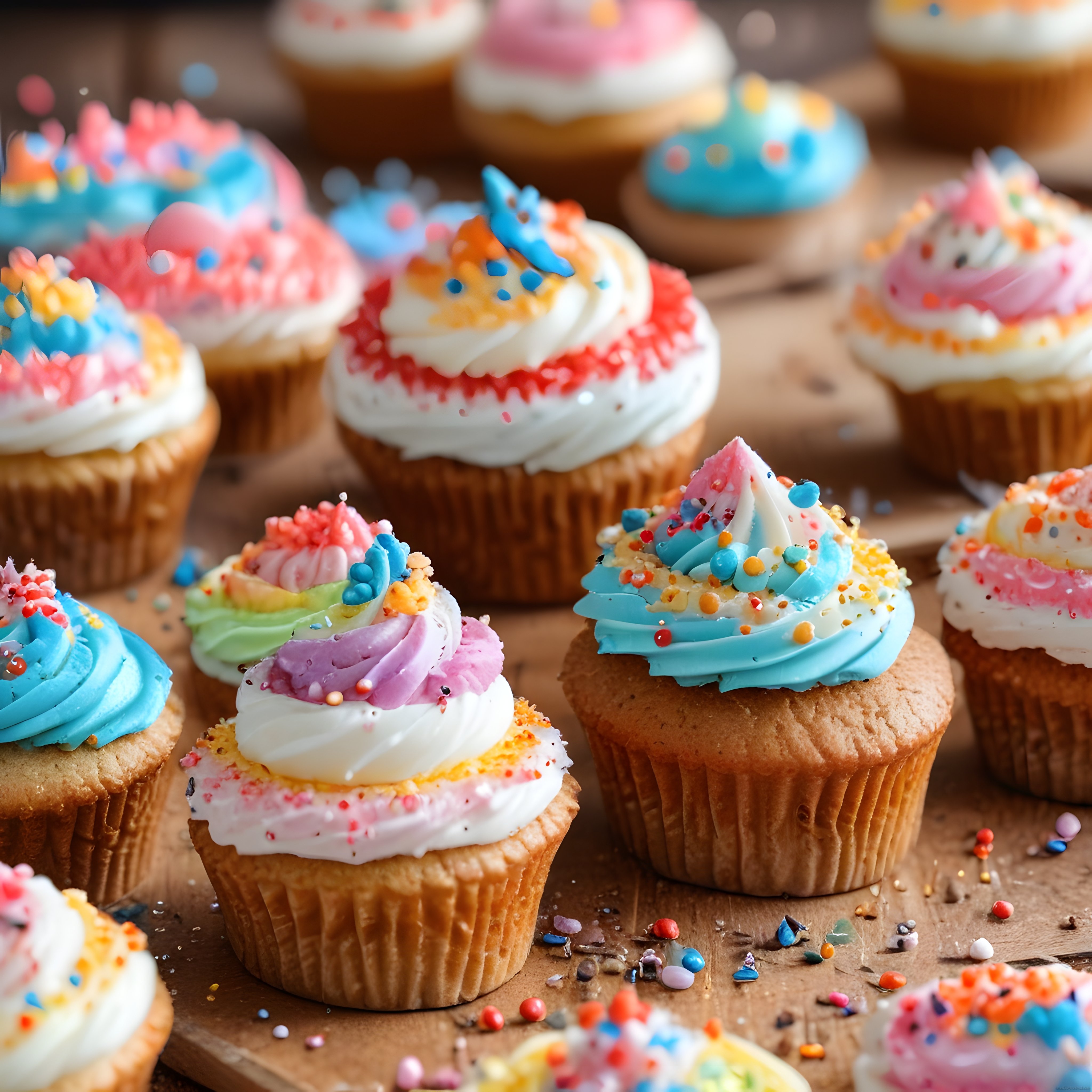 Renkli Krema ve Şekerlemelerle Süslenmiş Eğlenceli Cupcake Koleksiyonu