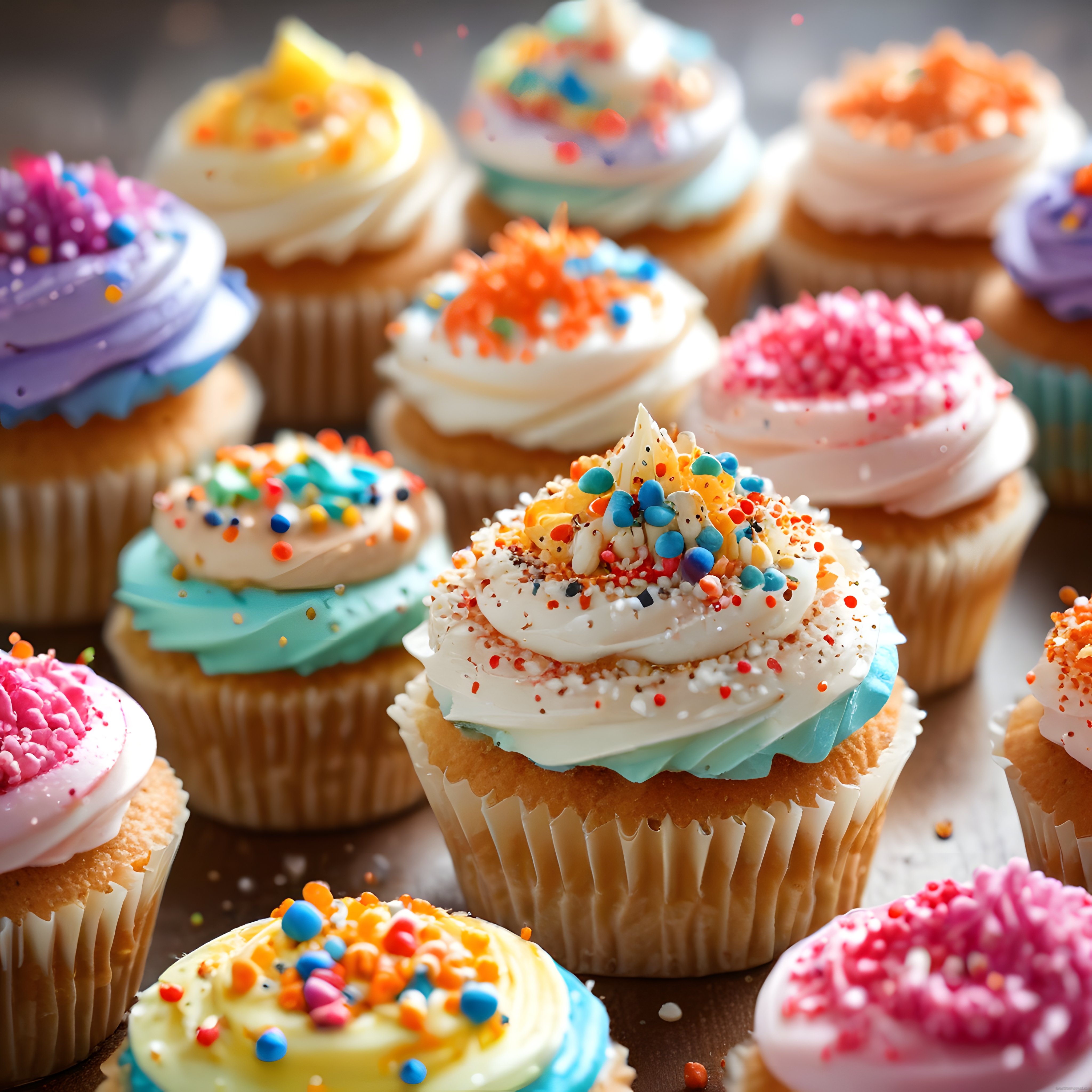 Renkli Krema ve Şekerlemelerle Süslenmiş Taptaze Cupcake'lerin Yakın Çekimi