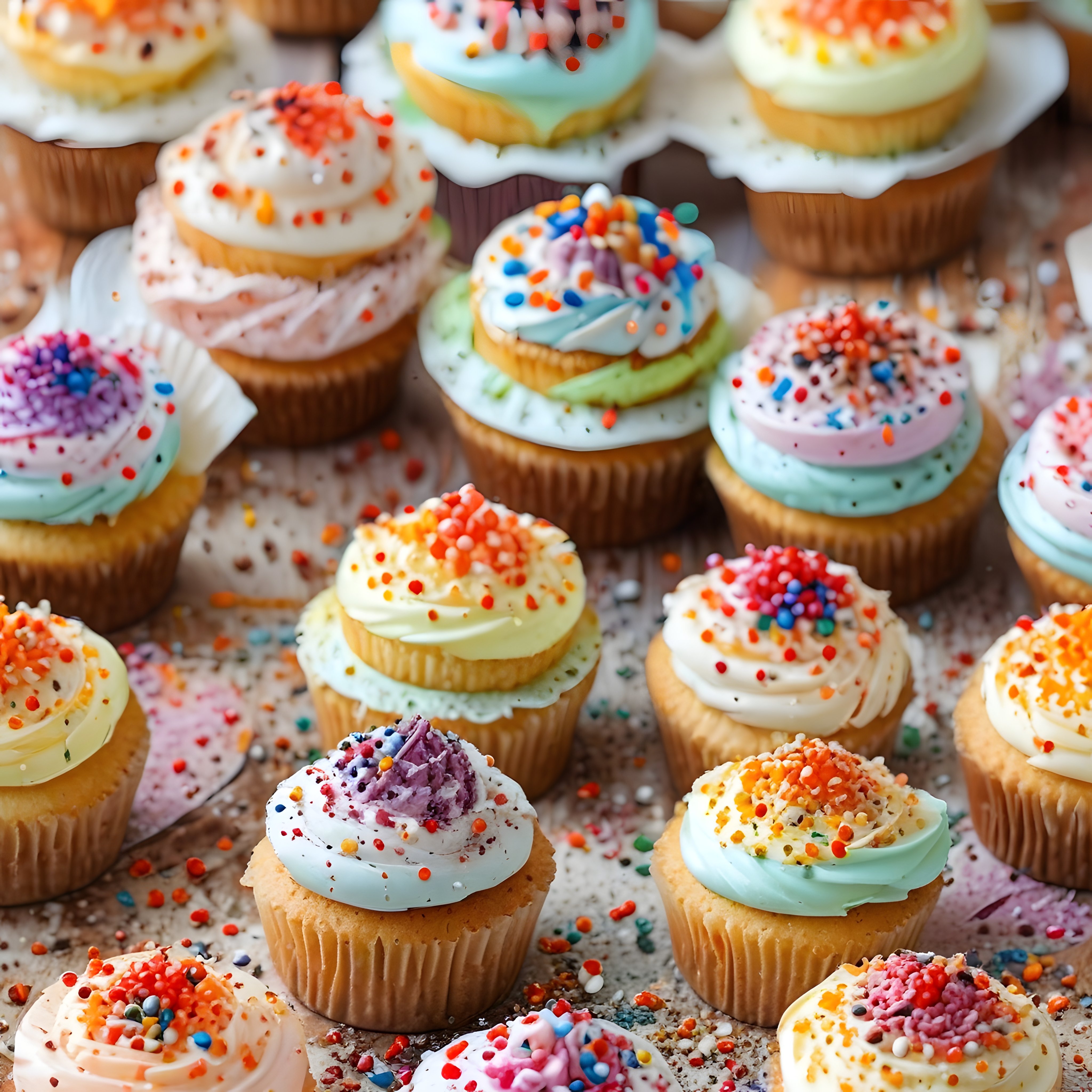 Renkli krema ve serpme süslemeleriyle süslenmiş lezzetli cupcake'ler