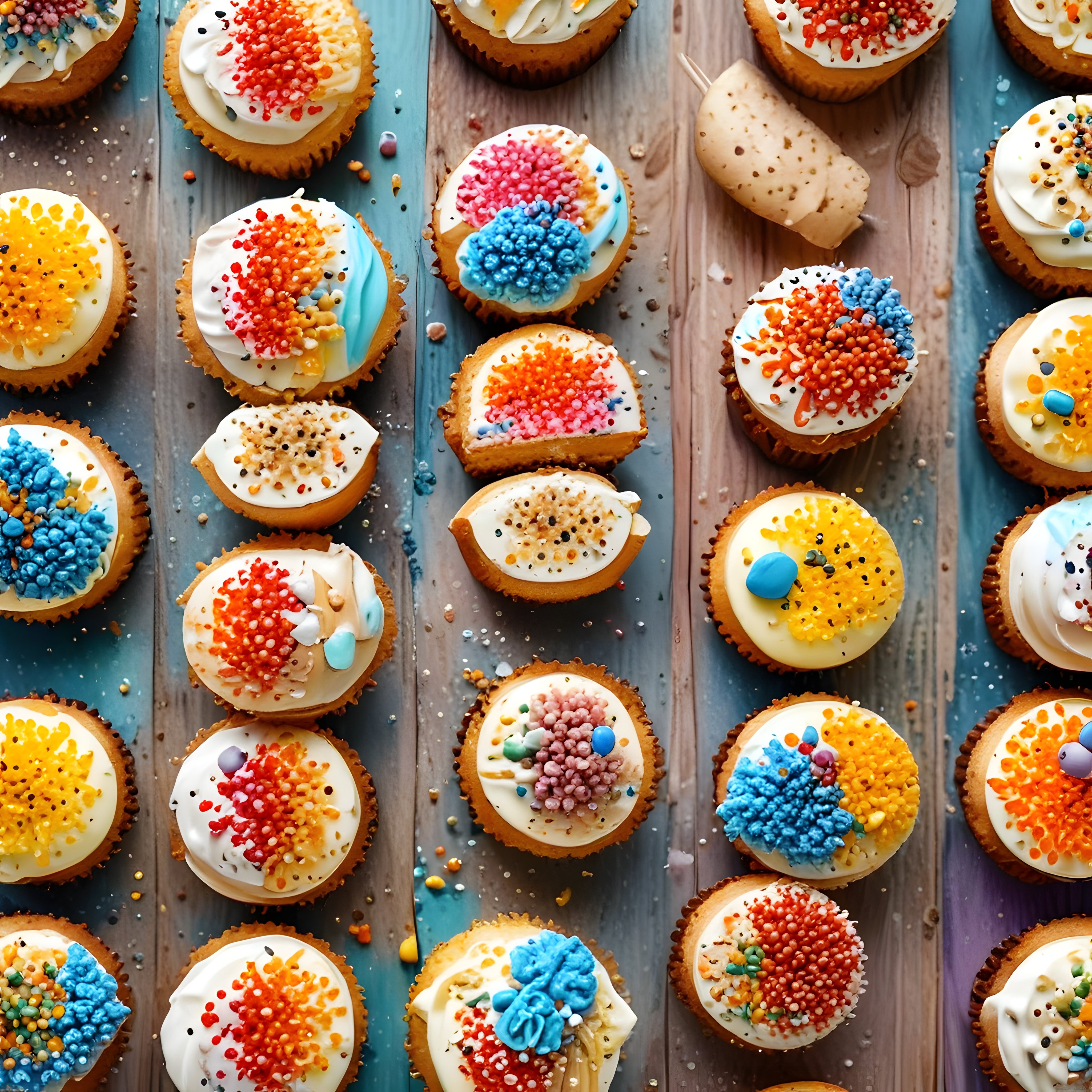 Renkli Krema ve Sprinkle Süslemeli Lezzetli Cupcake'lerin Ahşap Sunumu