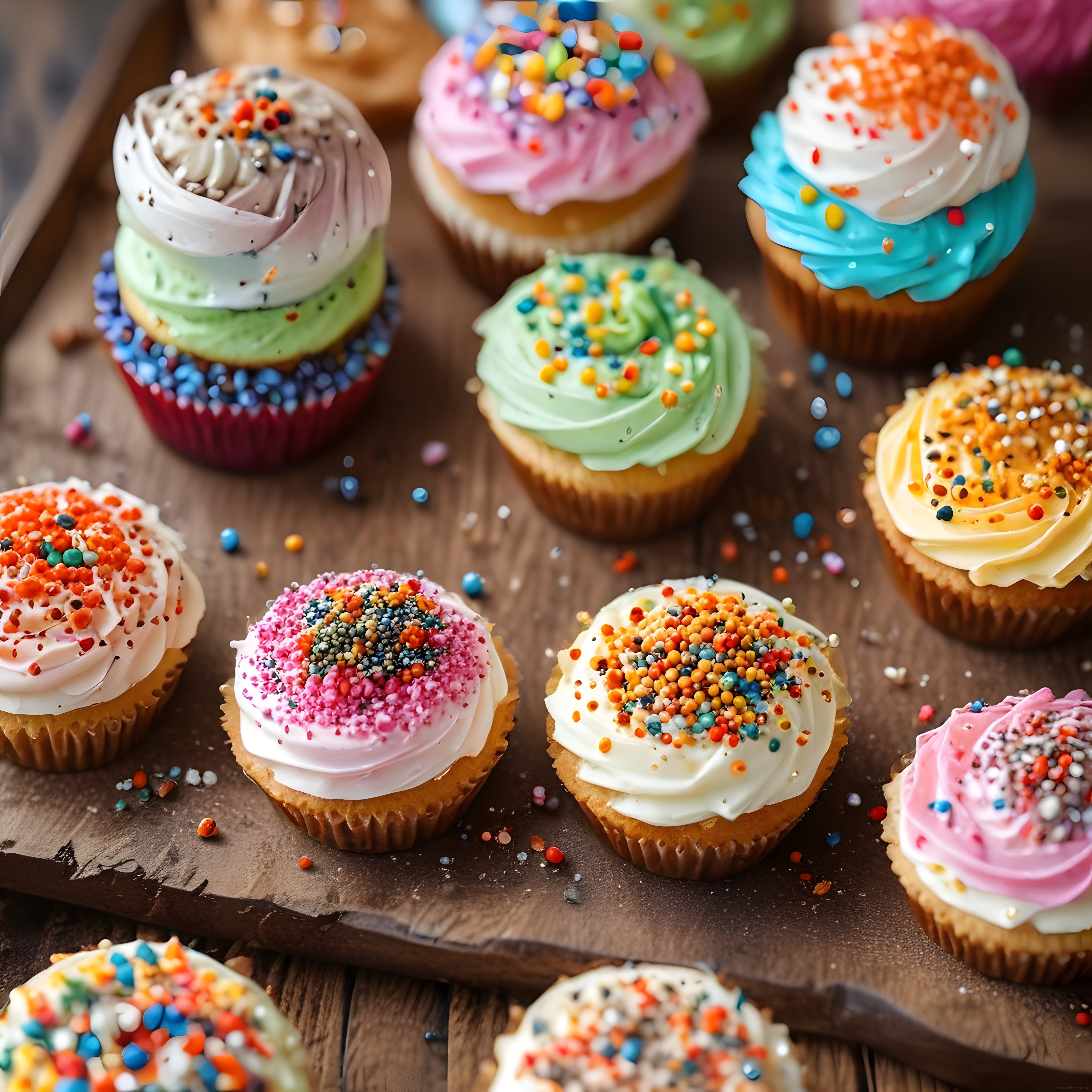 Renkli krema ve süslemelerle bezeli taze cupcake'ler ahşap sunum tahtasında