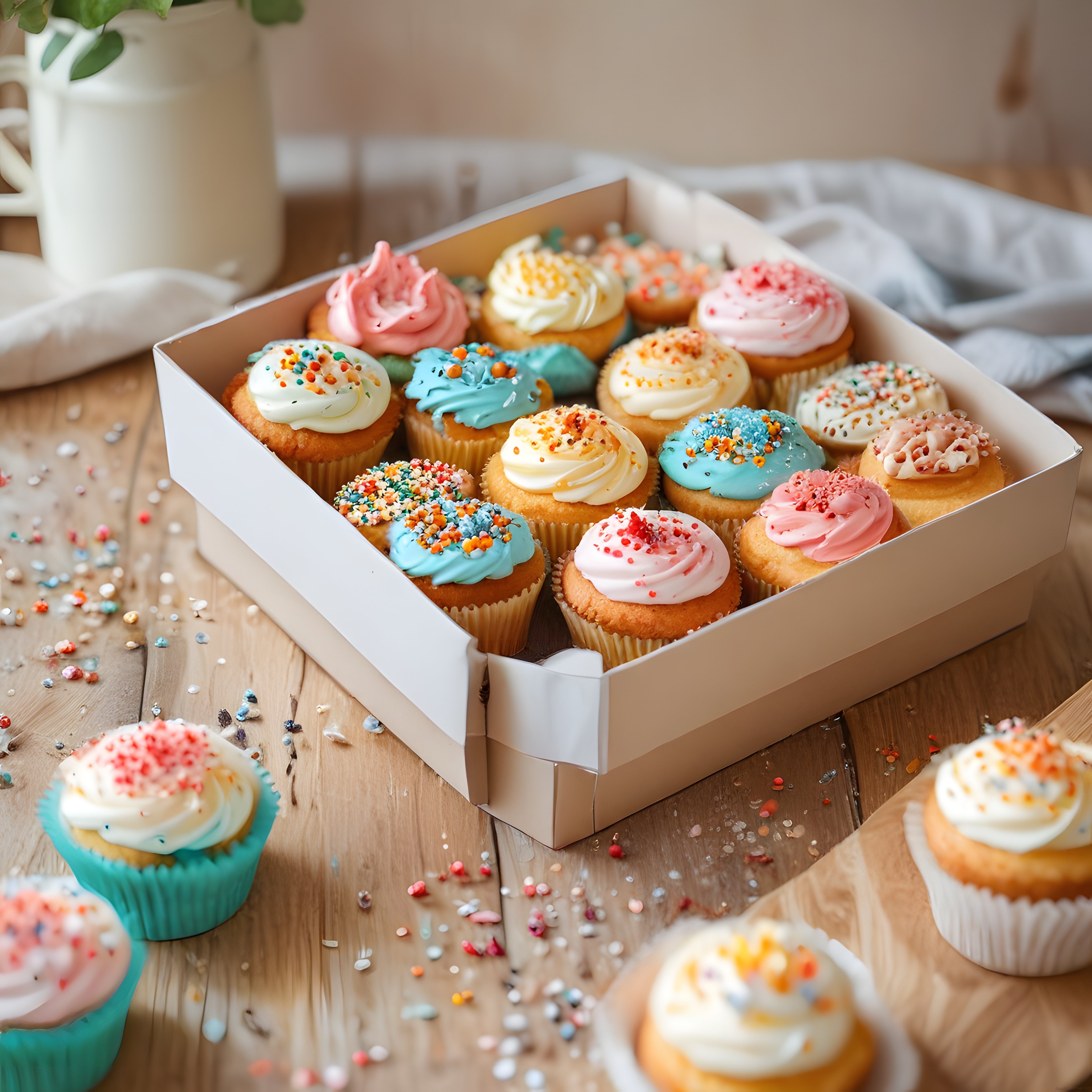 Renkli Krema ve Süslü Cupcake'lerle Dolu Kutulu Tatlı Sunumu