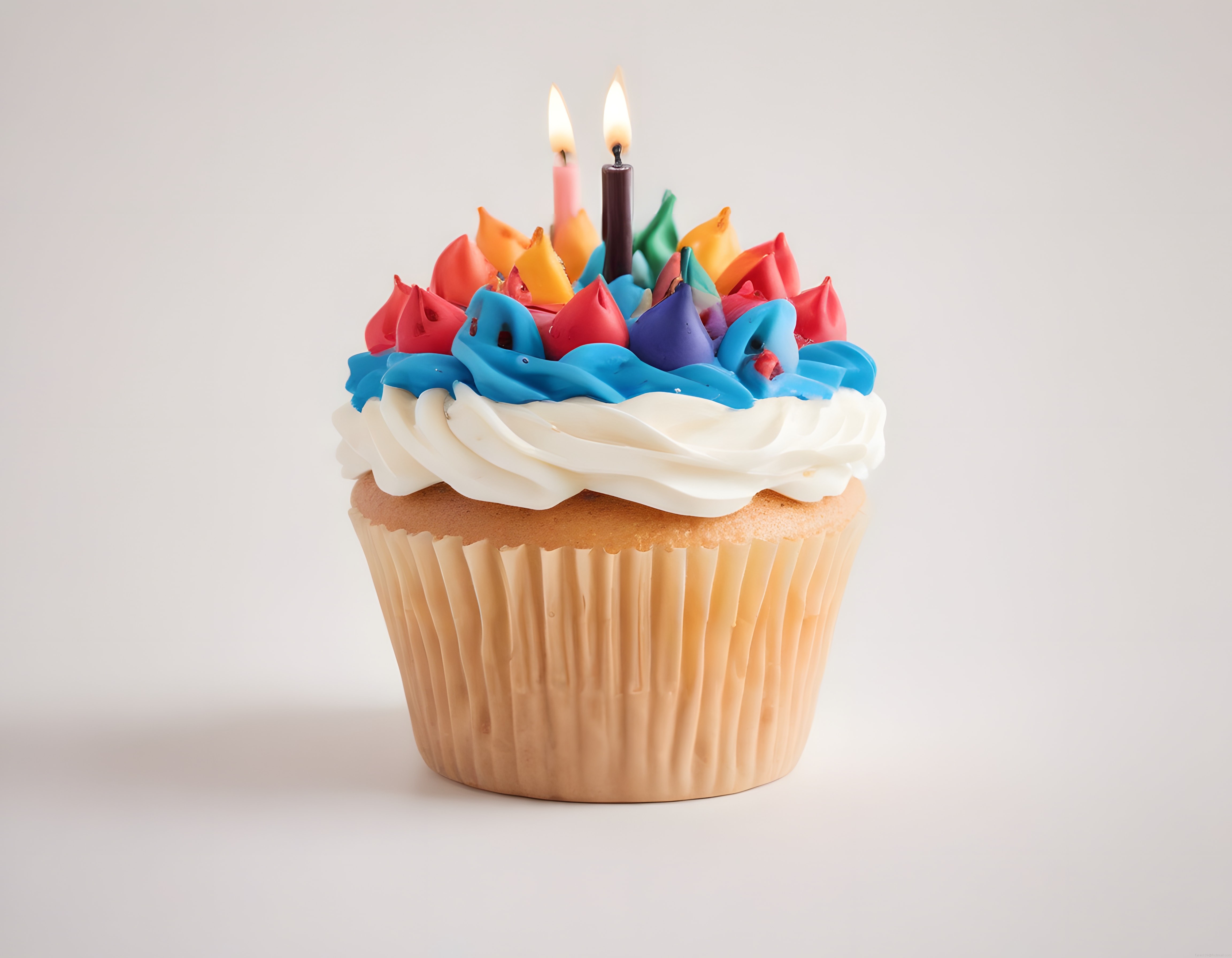 Renkli Krema ve Yanan Mumlarla Süslenmiş Doğum Günü Cupcake'i