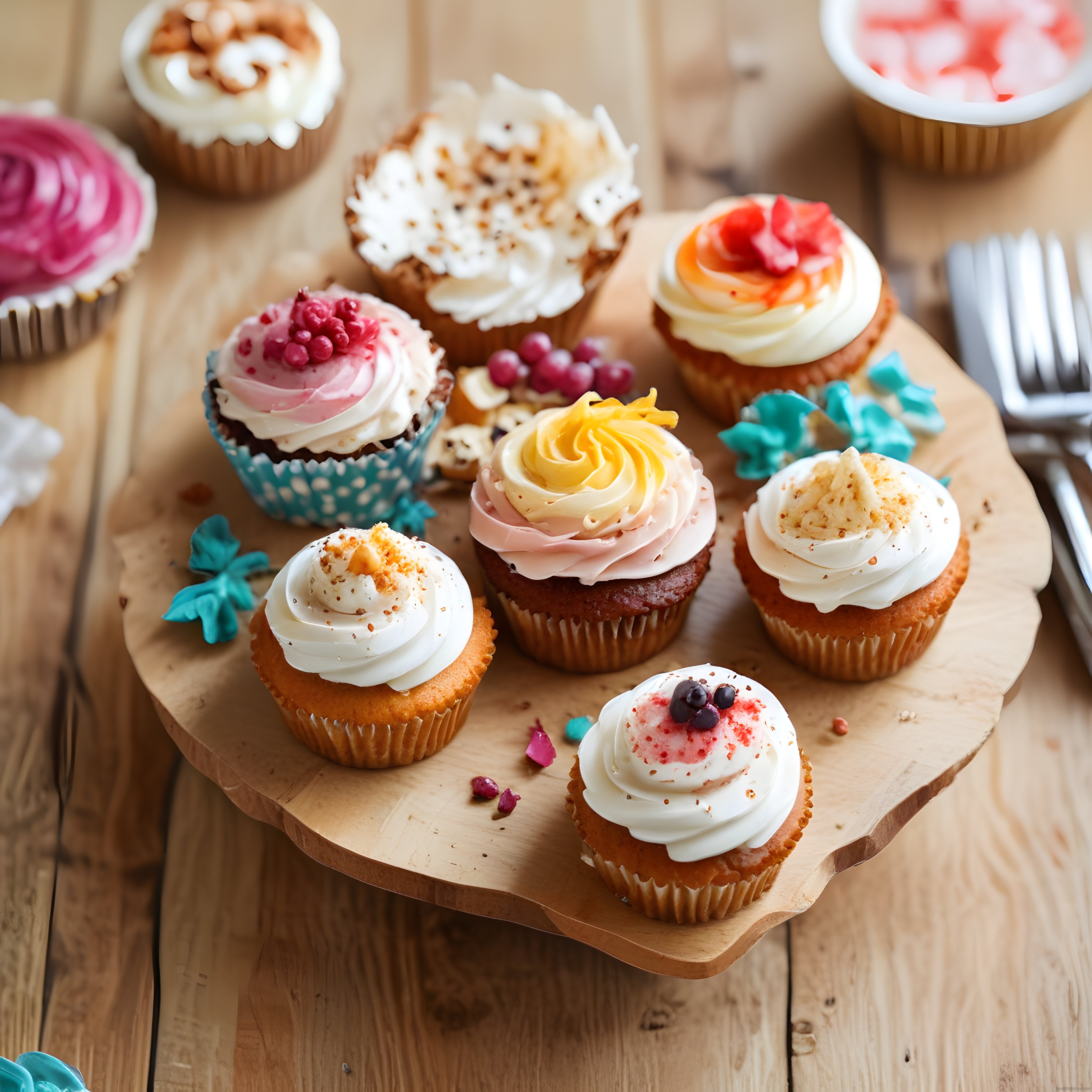 Renkli Kremalı Cupcake'ler: Ahşap Sunum Tahtası Üzerinde Lezzetli Tatlılar