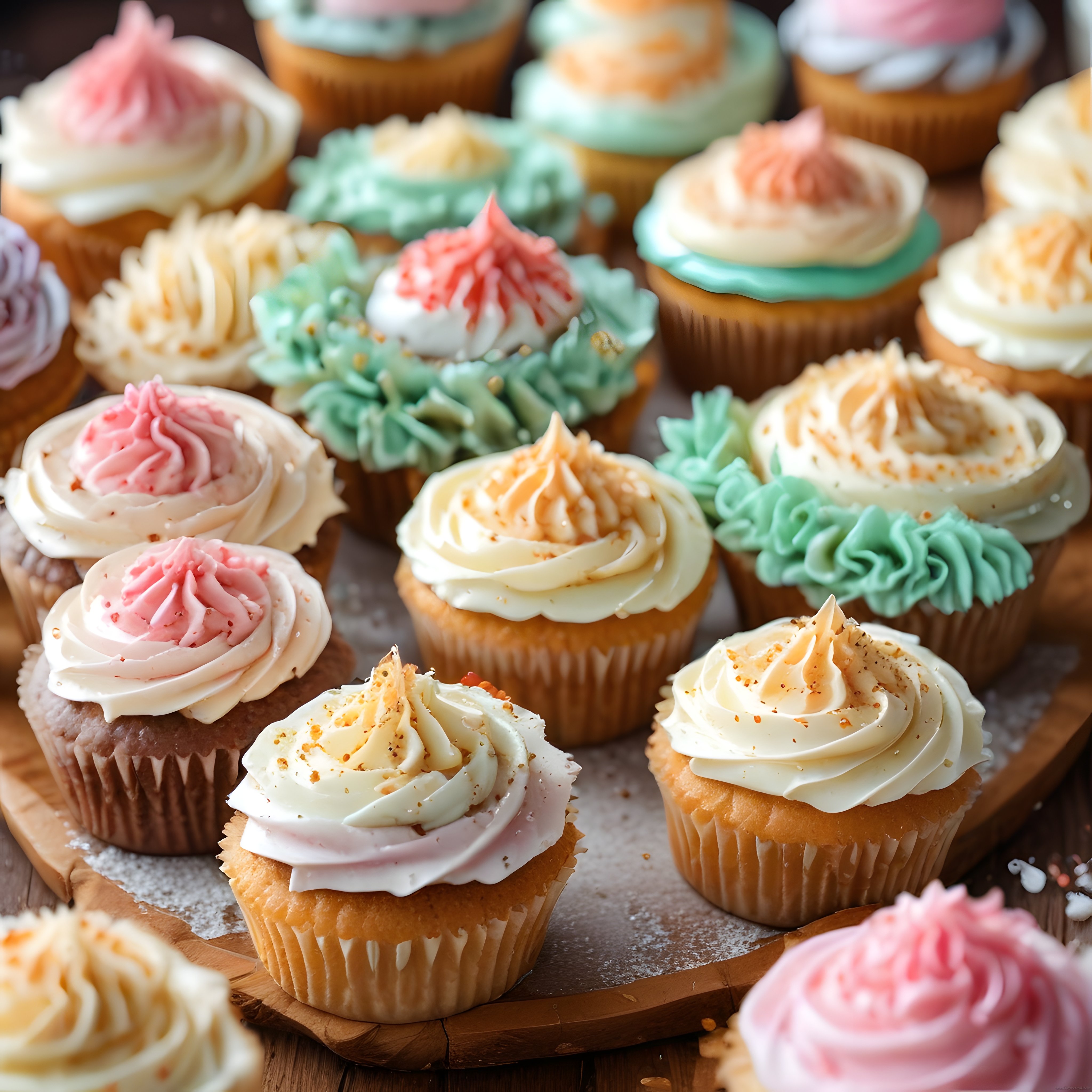 Renkli Kremalı Cupcake'ler: Ahşap Sunum Tahtası Üzerinde Pastane Lezzeti