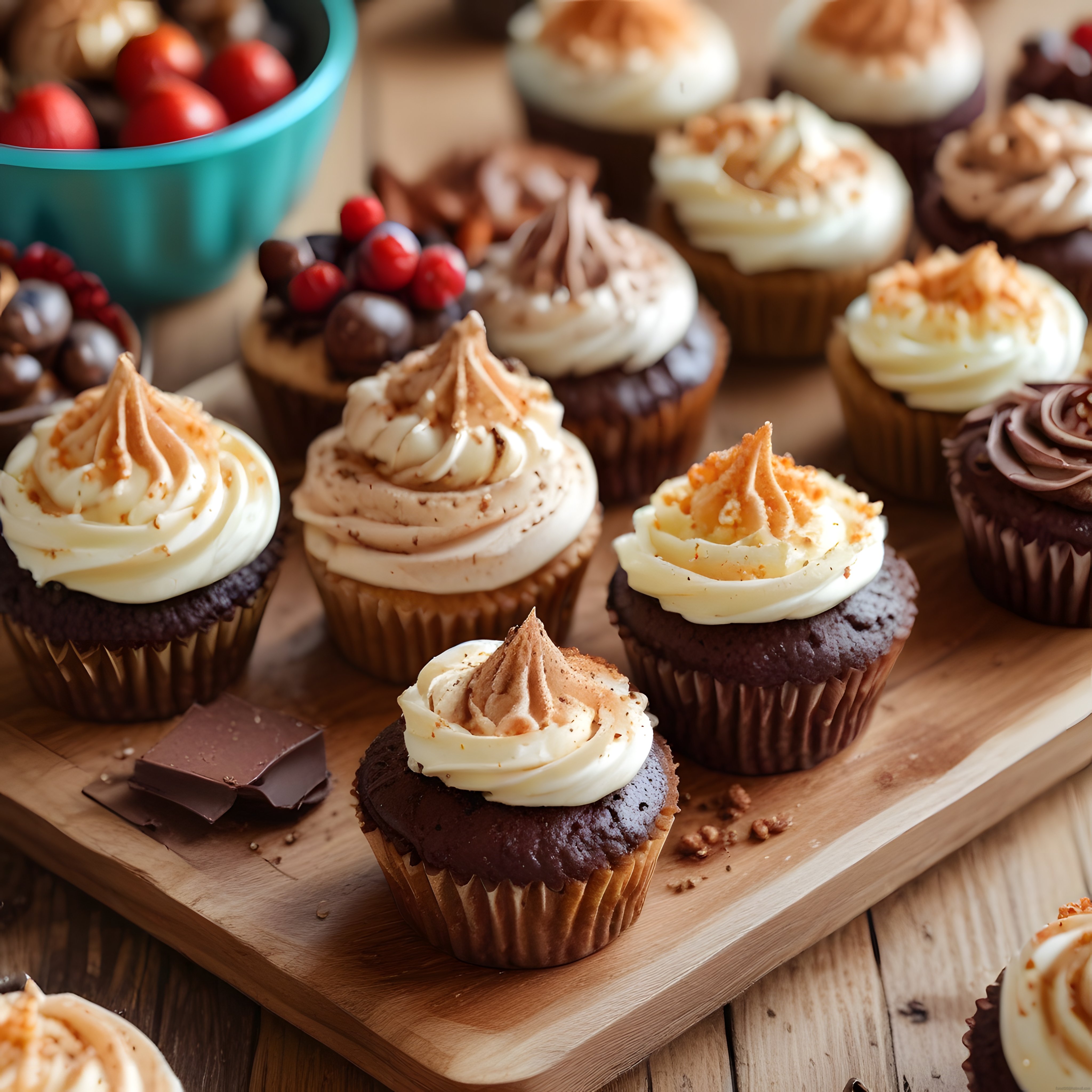 Renkli Kremalı Cupcake'ler: Ahşap Sunum Tahtasında Butik Pastacılık Şöleni