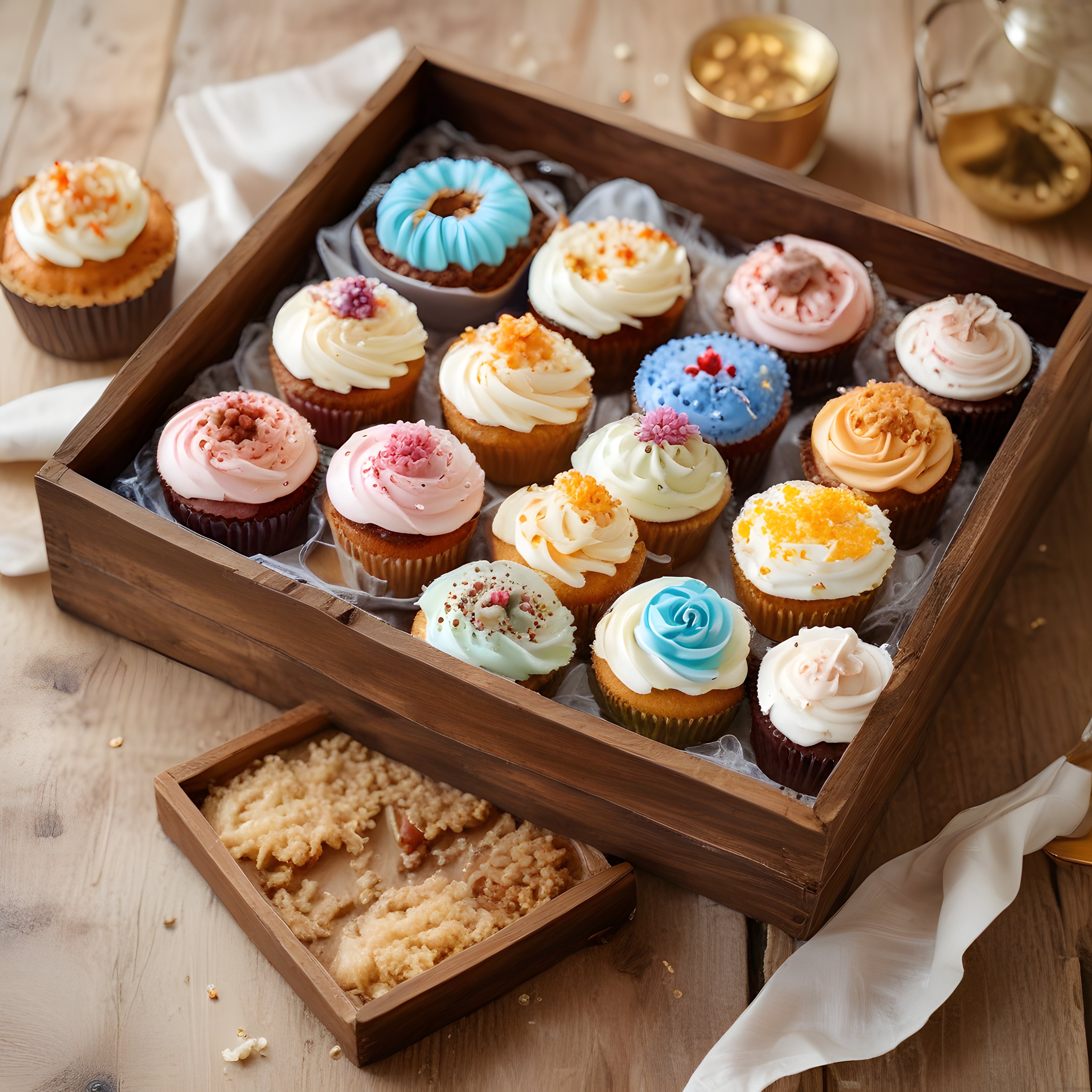 Renkli Kremalı Cupcake'ler ve Kırıntılı Tatlıların Bulunduğu Rustik Sunum