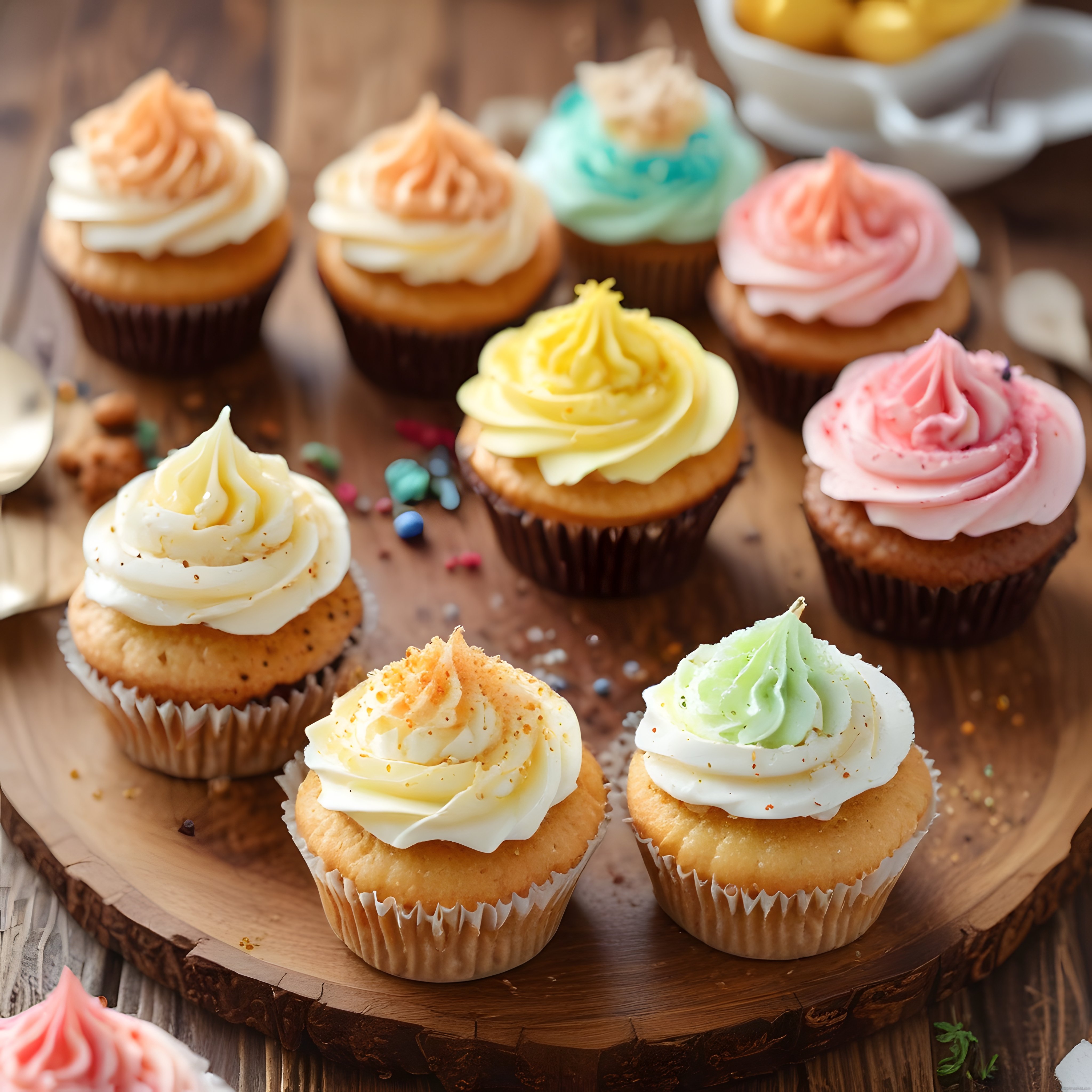 Renkli Kremalı Cupcake'lerin Ahşap Sunum Tahtasındaki Pastel Tonlu Düzeni